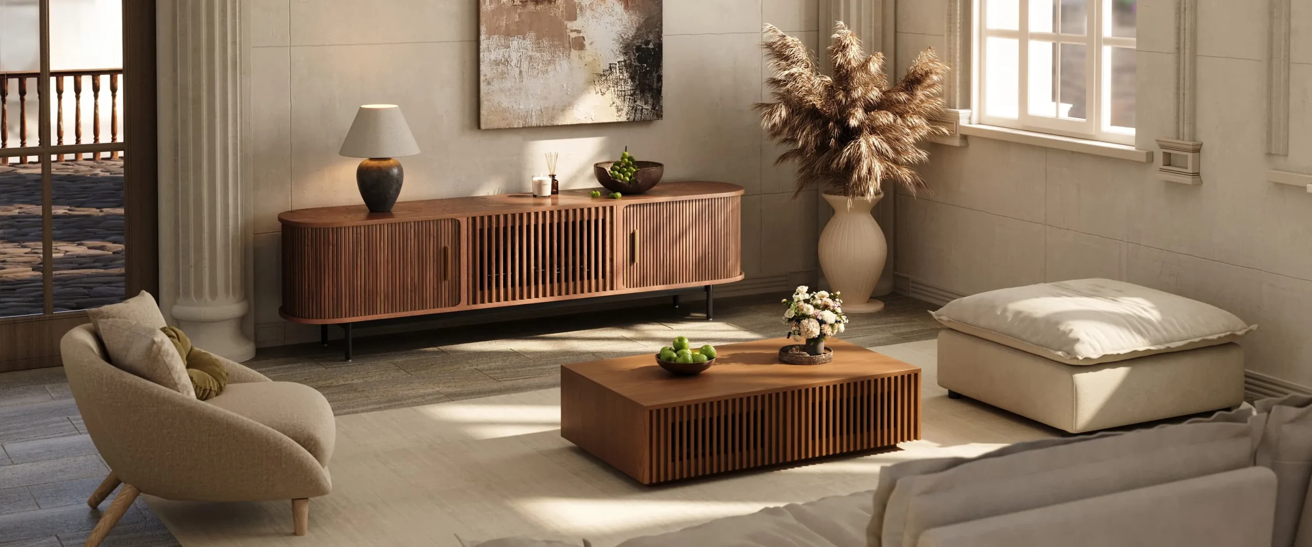 Inspired by Eos, goddess of dawn—walnut slats, seamless tracks, and silent-close grace transform light into timeless design.