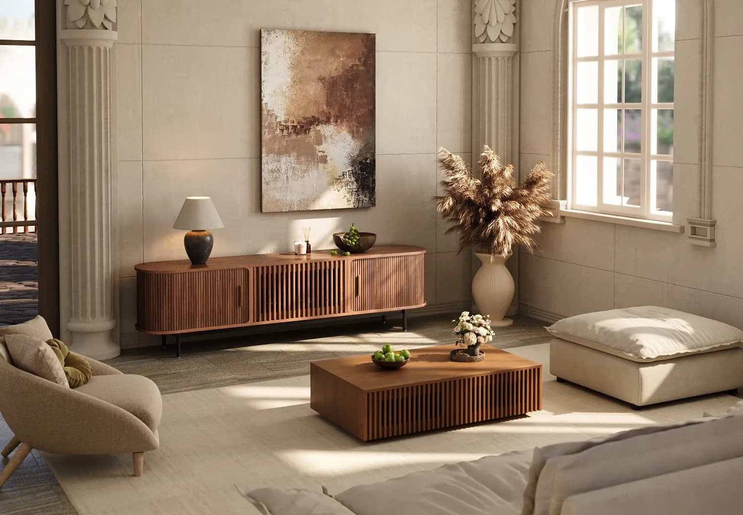 Inspired by Eos, goddess of dawn—walnut slats, seamless tracks, and silent-close grace transform light into timeless design.