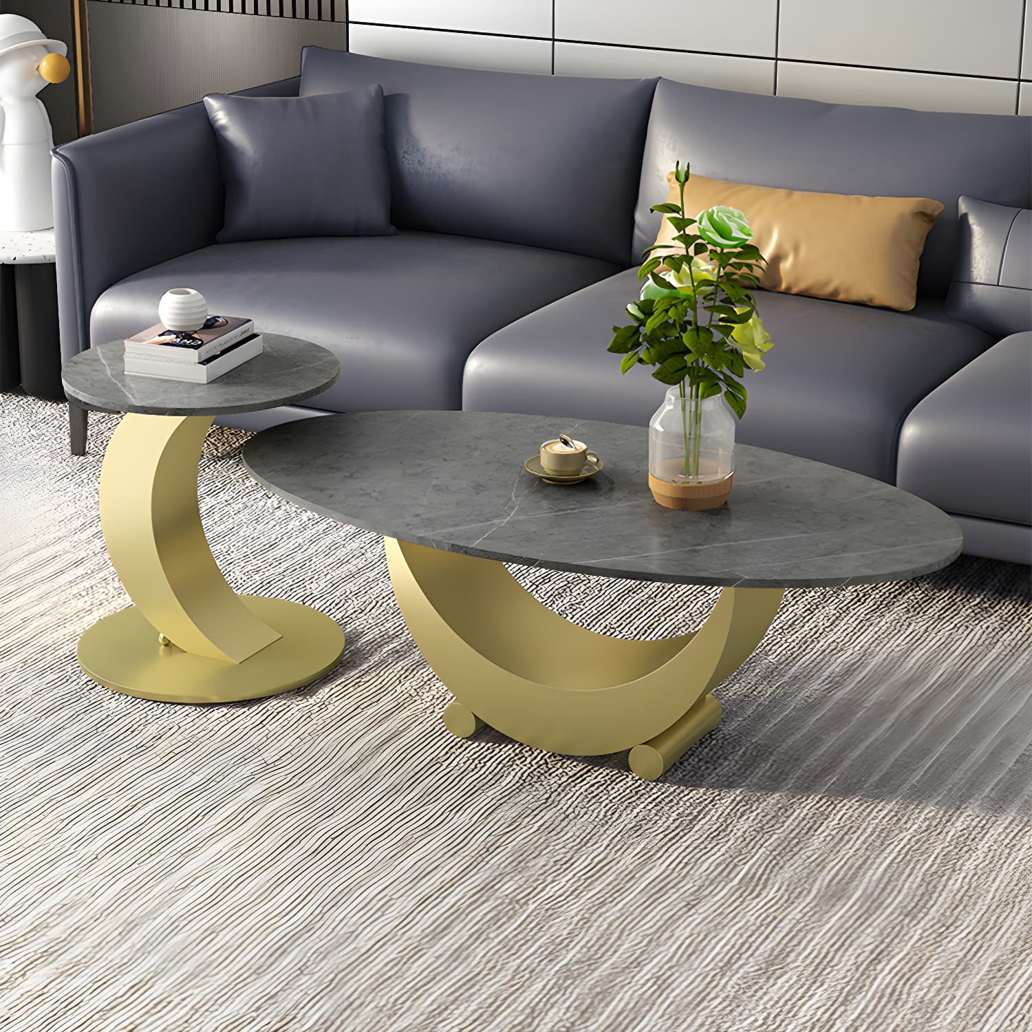 2 Piece Nesting Tables Oval Minimalist Modern Coffee Table Set - image 11
