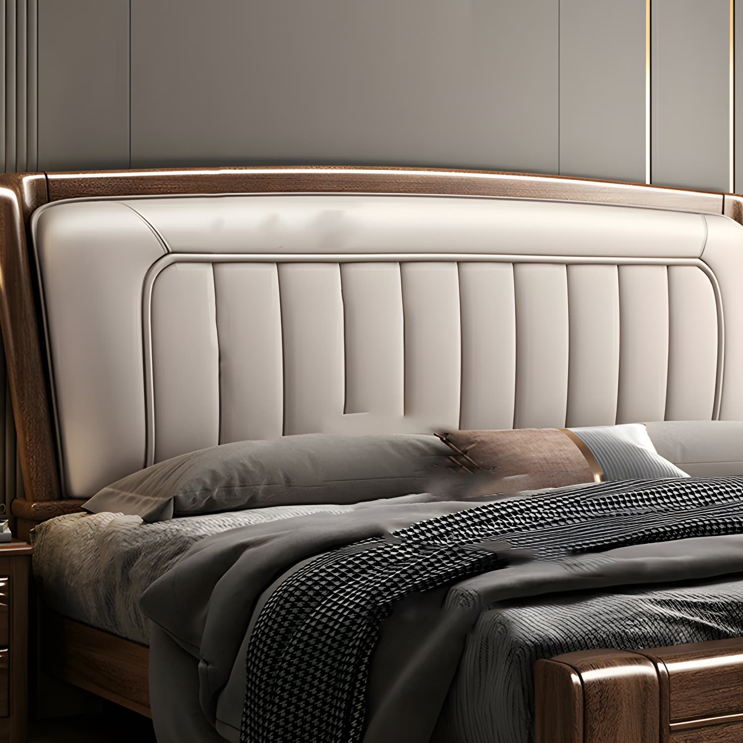 Traditional Walnut Wood Brown Bed with Rectangular Upholstered Headboard for Bedroom - image 4