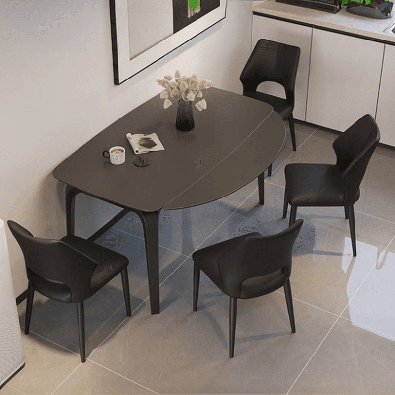 Dining Table Set with Slate Stone Top, Fold-away Leaf, Padded Chair with Back for 6 People in Midnight Black
