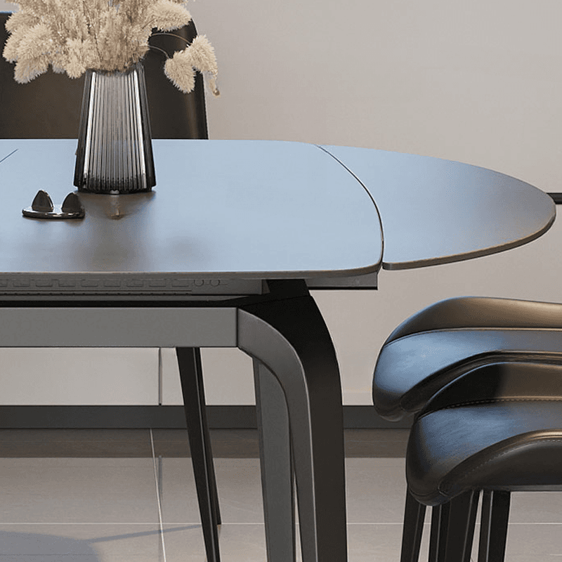 Dining Table Set with Slate Stone Top, Fold-away Leaf, Padded Chair with Back for 6 People in Midnight Black - image 9