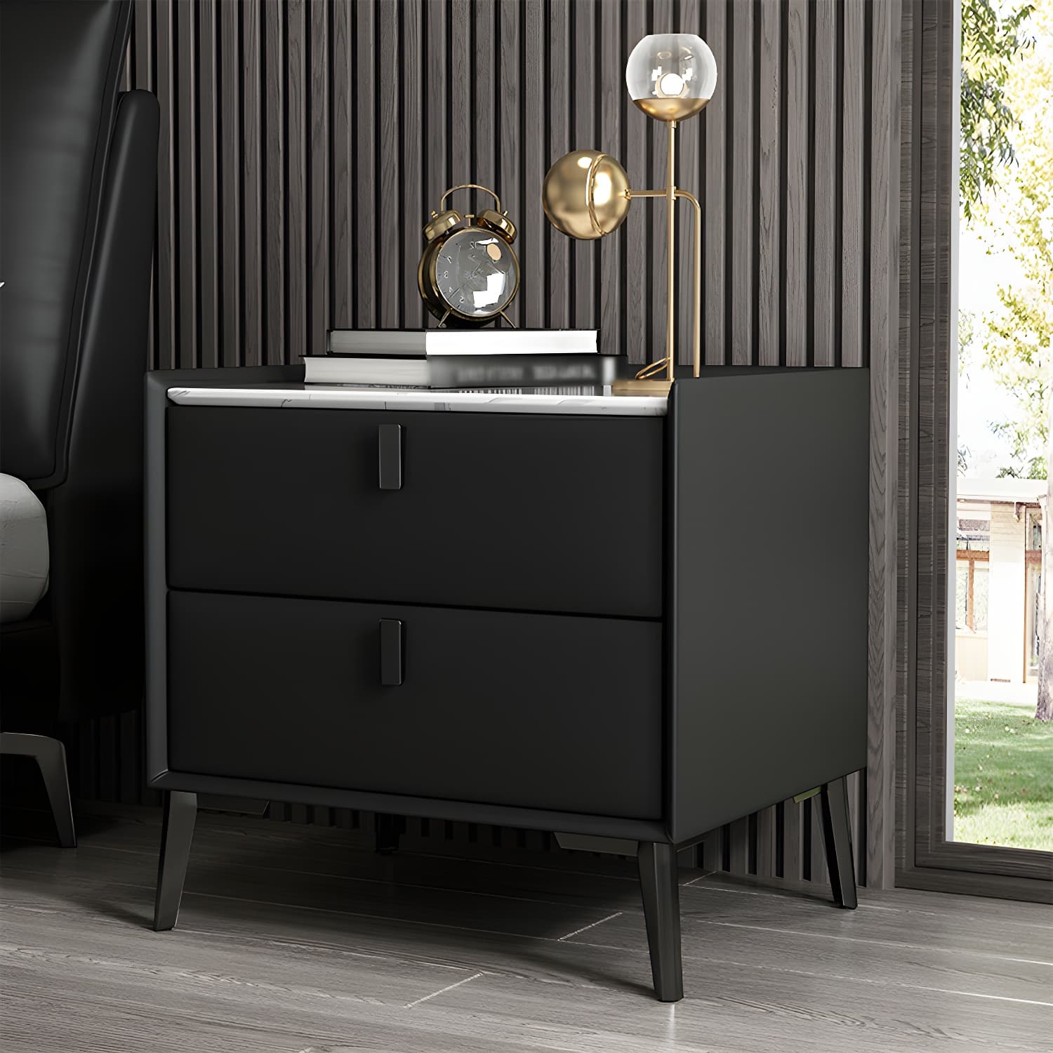Contemporary 4 Legs Storage Drawer Nightstand with Black Handles for Bedroom