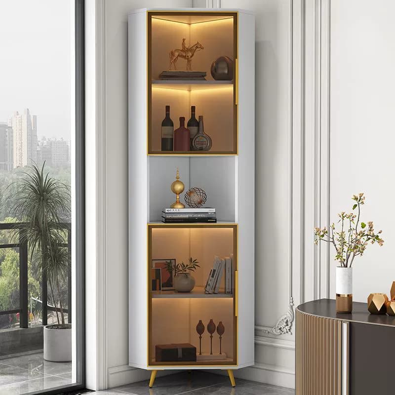 Contemporary Wood Corner Accent Cabinet with Clear Glass Doors, Metal Legs and Interior Shelves - image 5