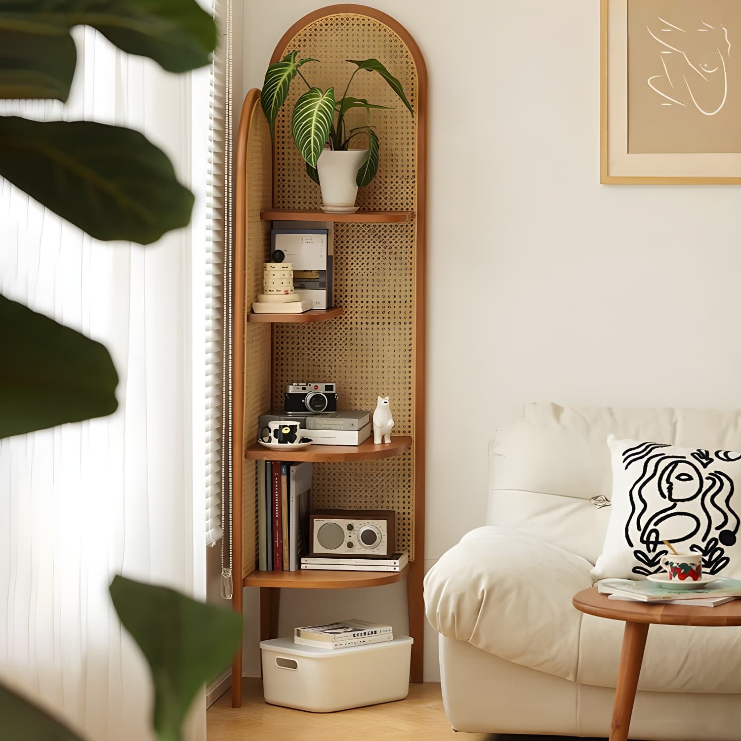 Scandinavian Corner Accent Chest with Natural Wood Counter Top and 4 Open Shelves - image 3