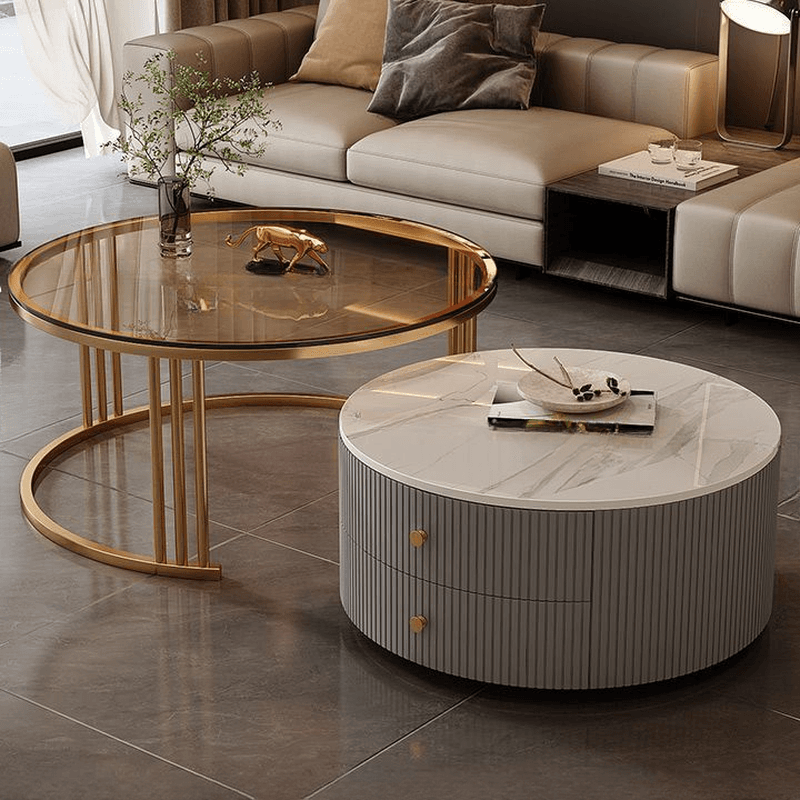 Double Nesting Round Coffee Table with Frame Base and 2 Drawers - image 3