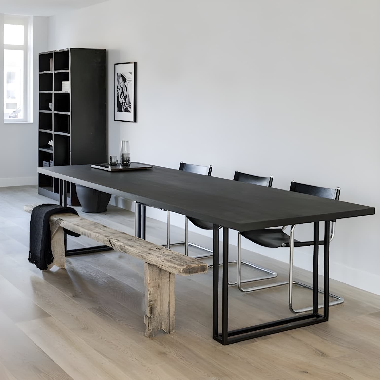 Rectangle Industrial Dining Table Solid Wood Double Pedestal Table with Metal Base - image 3