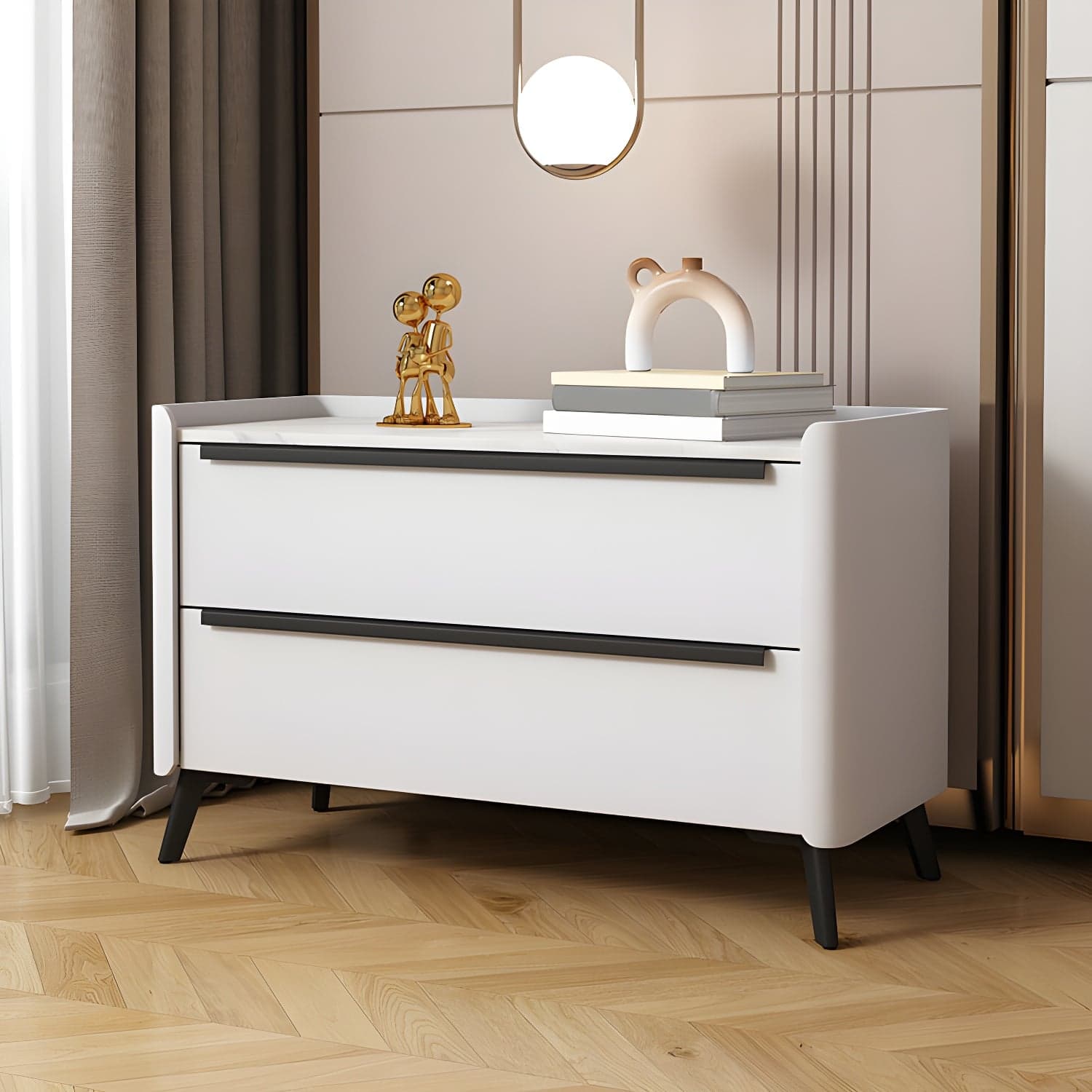 Modern Faux Leather Top Nightstand with Two Drawers and Stone Countertop - image 7