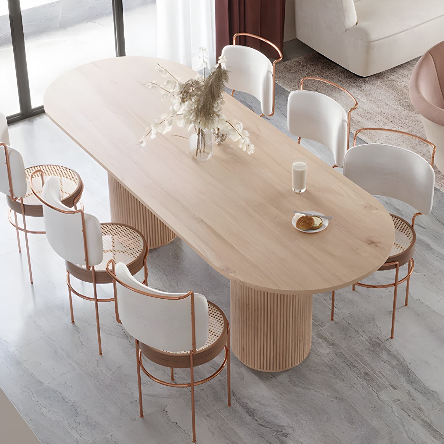 Natural Double Pedestal Dining Table Modern Oval Wood Home Dinner Room Kitchen Table - image 3