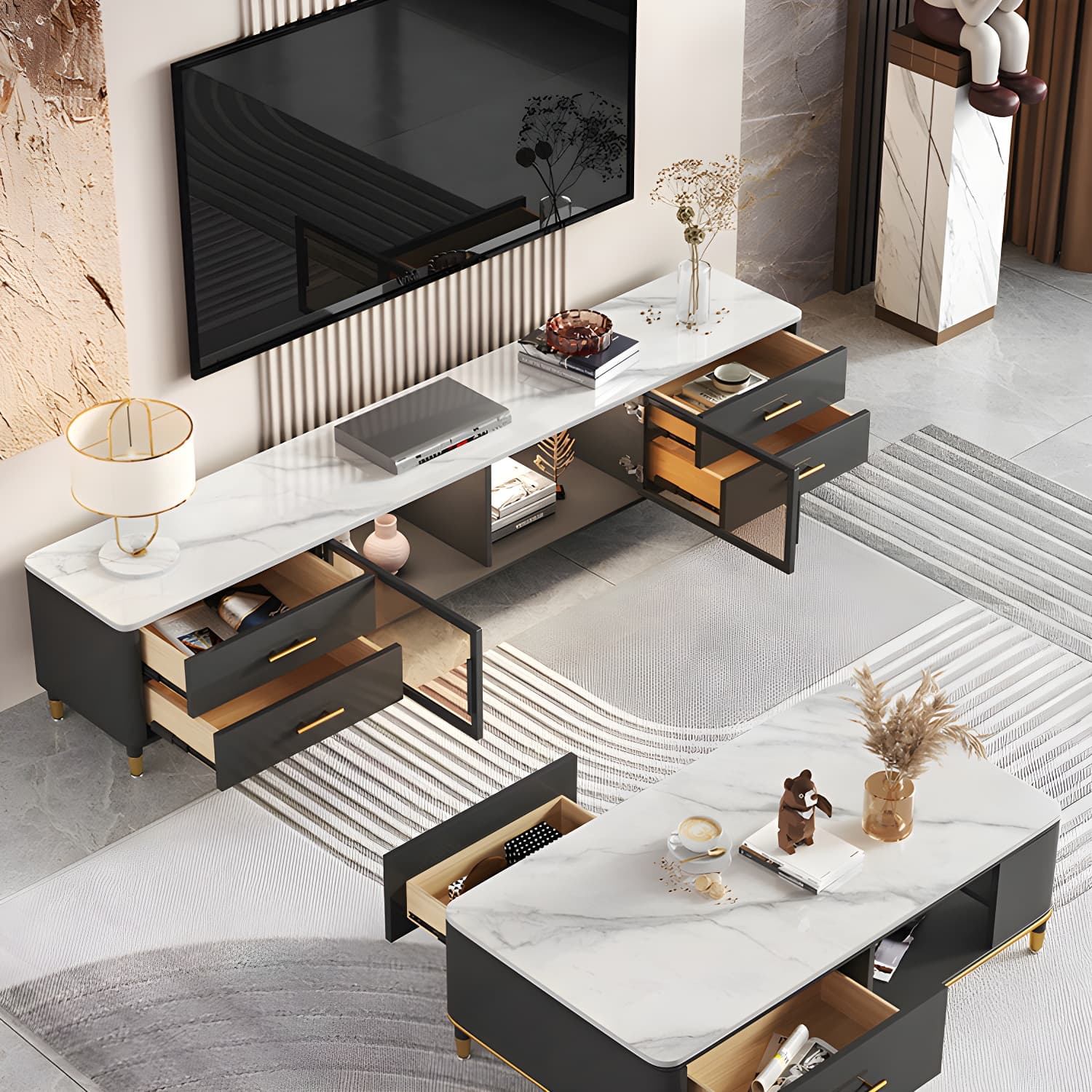 Stone Top Media Console Contemporary TV Media Stand with Metal Legs - image 5
