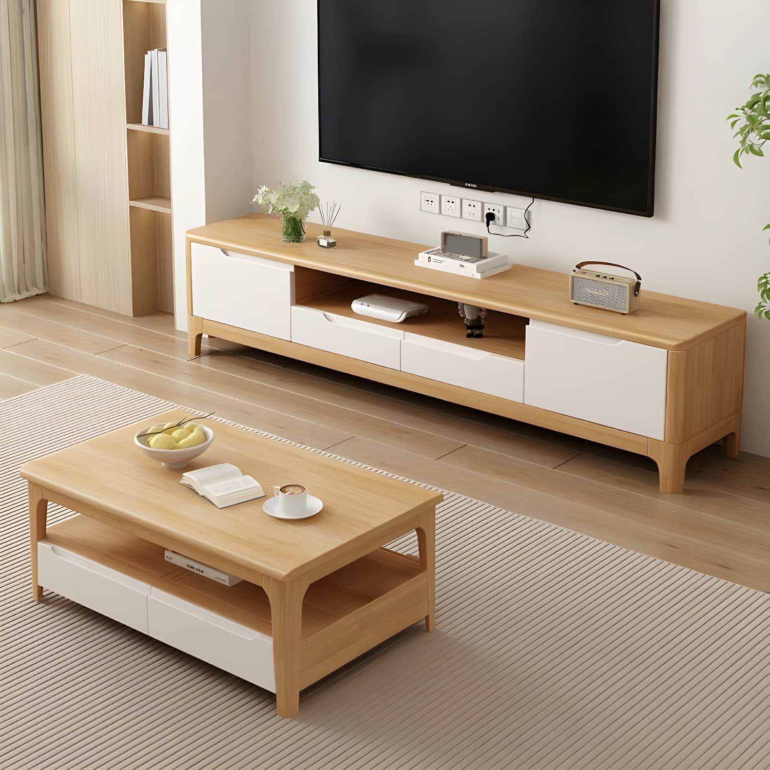 Scandinavian Low Profile 40cm Wide Wood TV Stand with Two Drawers and Cabinet No Assembly Required - image 7