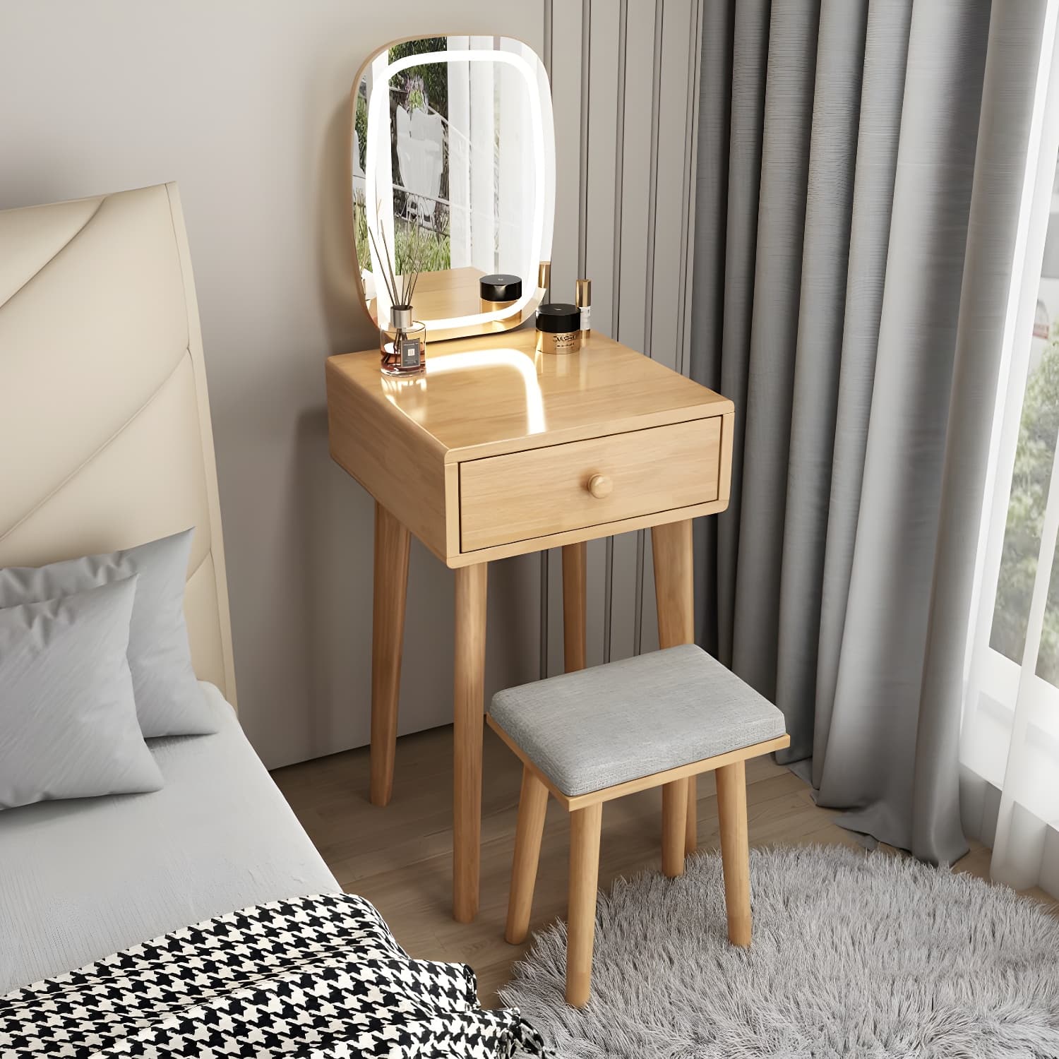 Traditional Bedroom With Drawer Solid Wood Lighted Mirror Make-up Vanity - image 6