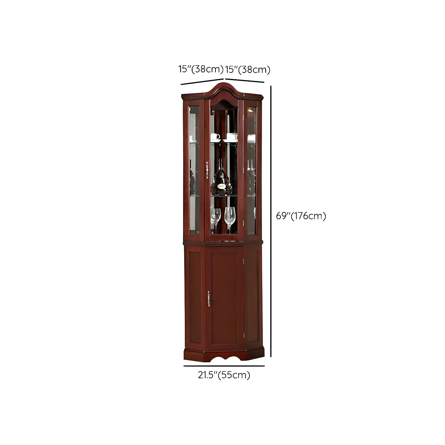 Rubberwood & Glass Triangle Corner Cabinet in Brown with Storage Shelves - image 14