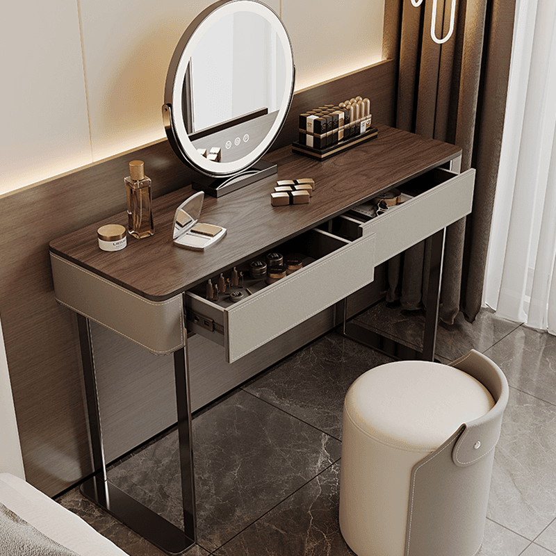 Modish Standard Vanity Set with Timber Table Top, White Chair, 2 Drawers, and Mirror Lights - image 4