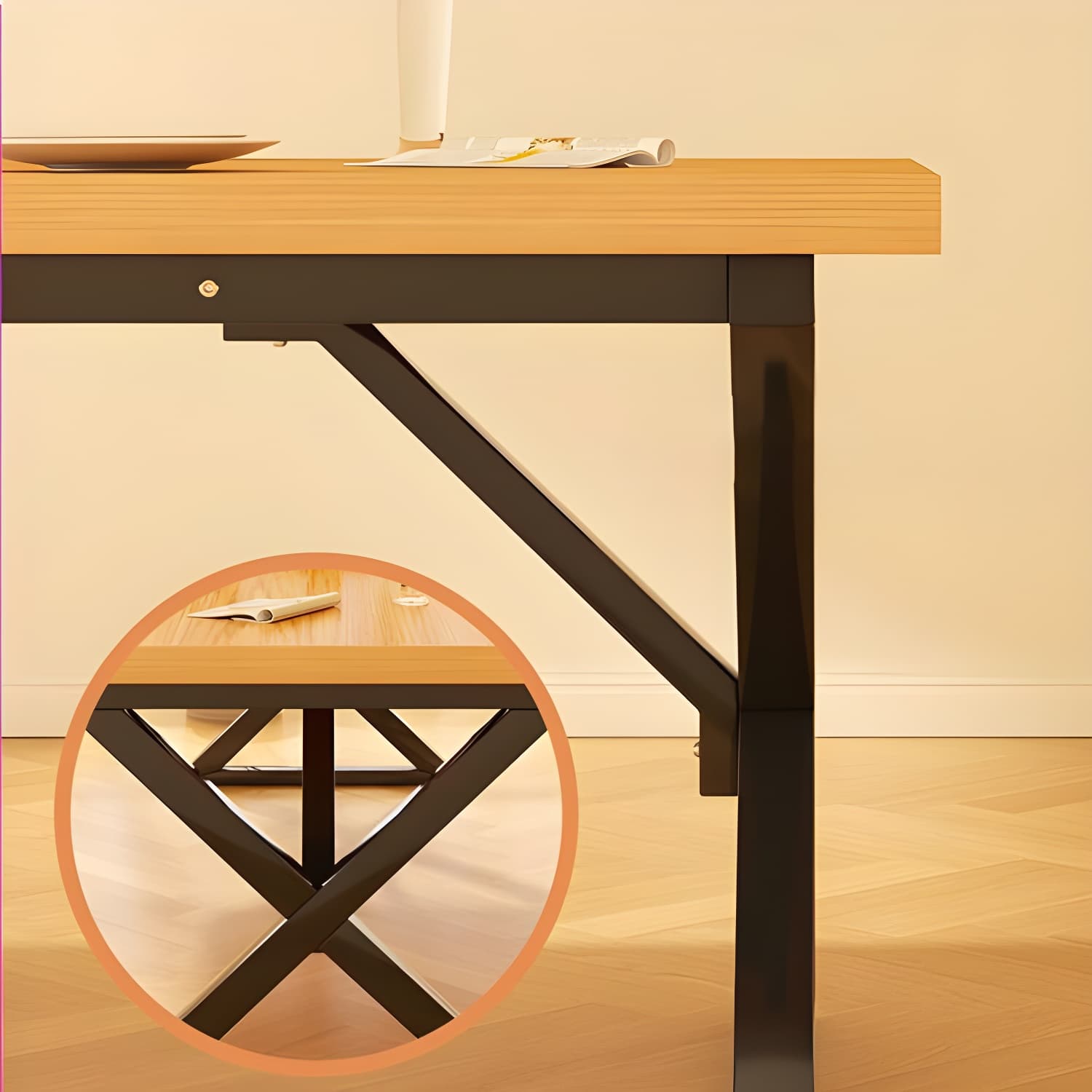 Brown Wood Rectangle Modern Dining Table with Double Black Metal Pedestal Base - image 8