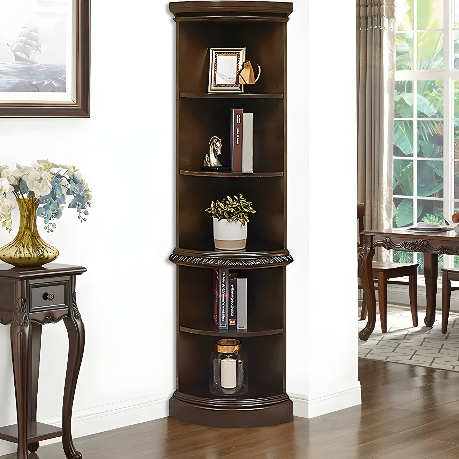 Solid Wood Triangle Corner Cabinet in Rubber Wood with Storage Shelves