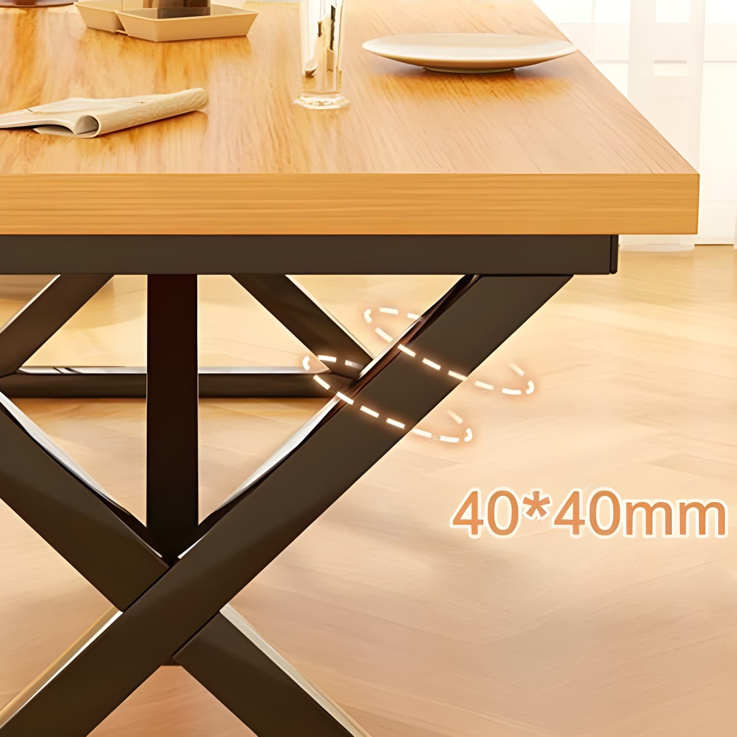 Brown Wood Rectangle Modern Dining Table with Double Black Metal Pedestal Base - image 9