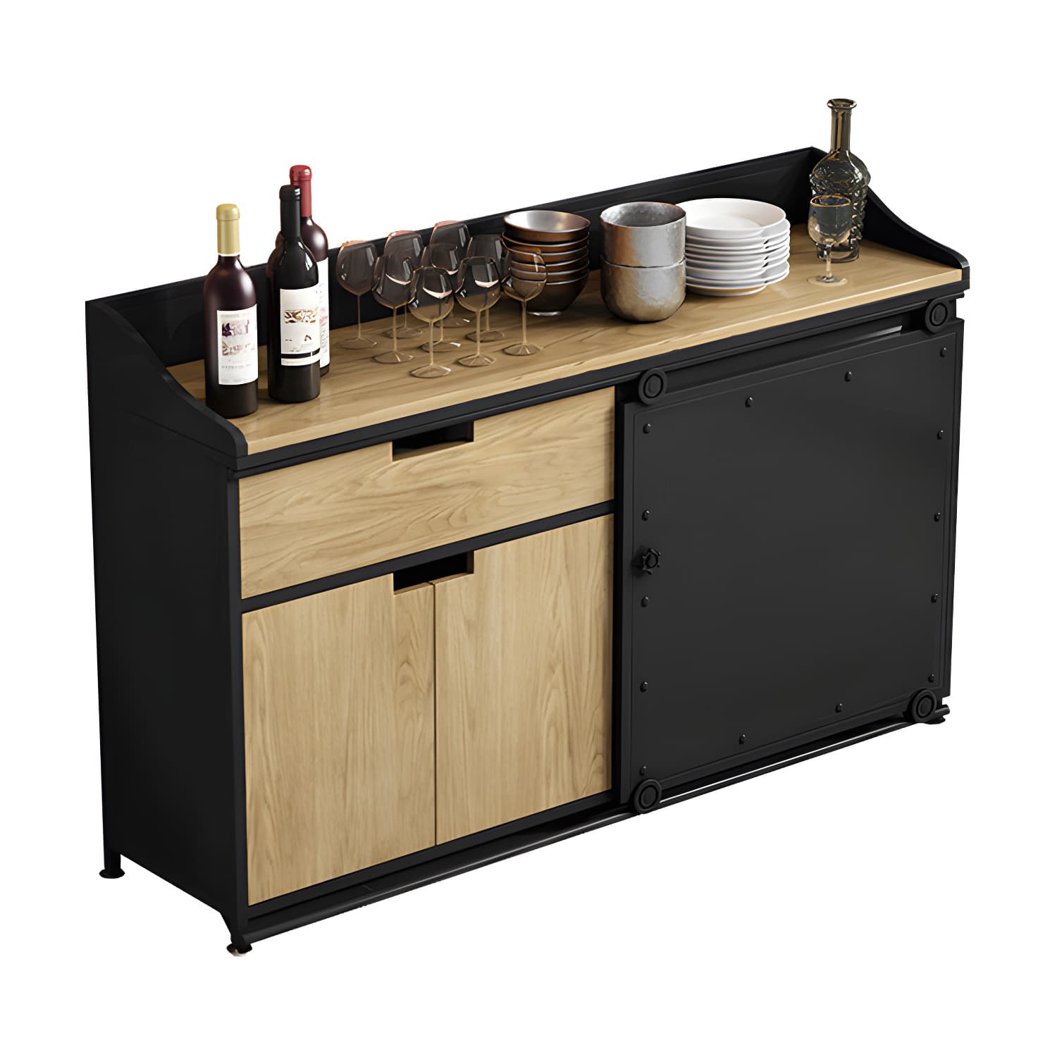 Modern Metal Sideboard with Wood Countertop, Cabinets, and Drawers