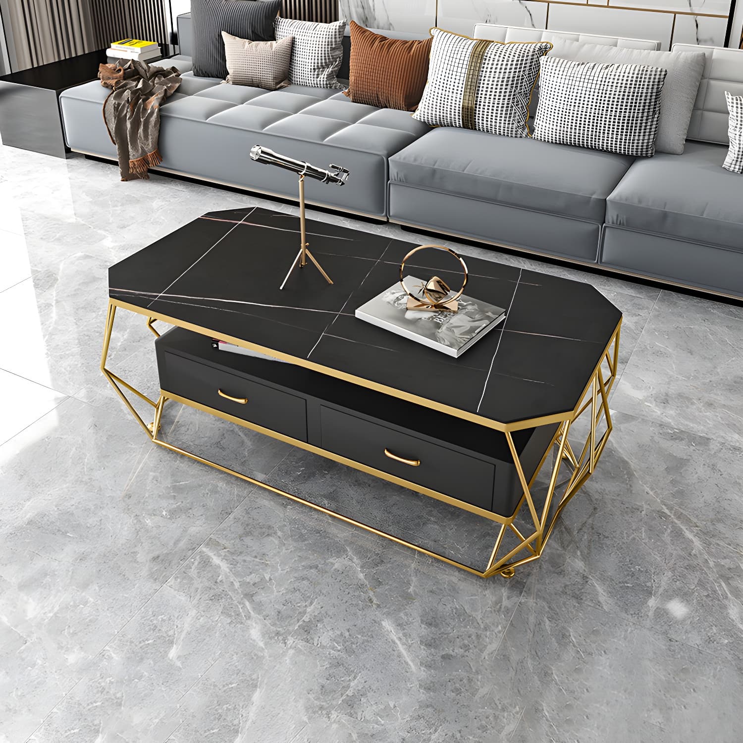 Glam Golden Frame Coffee Table with Storage Drawers Cocktail Table - image 6