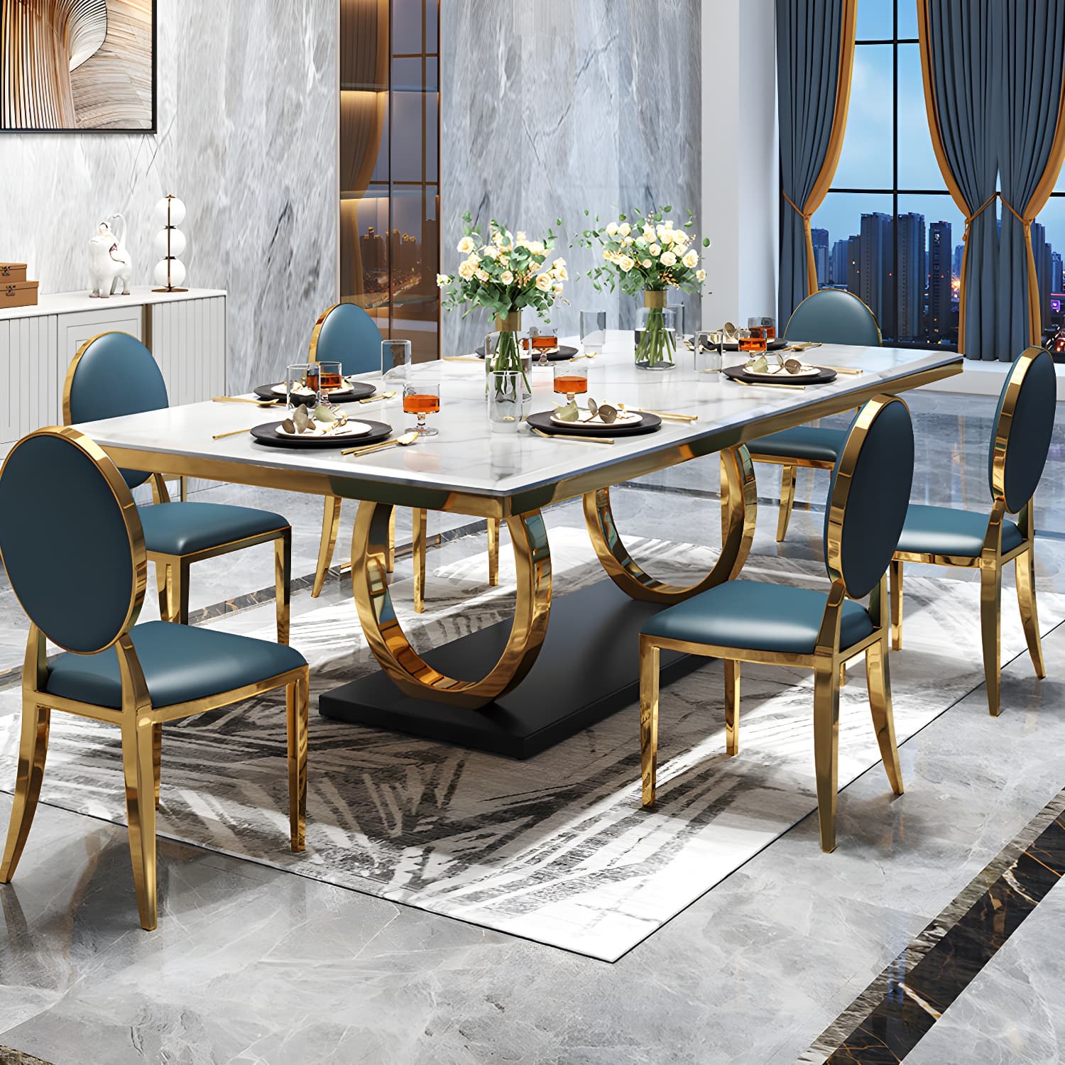 White Stone Top Table Luxury Rectangle Gold Base Dining Table