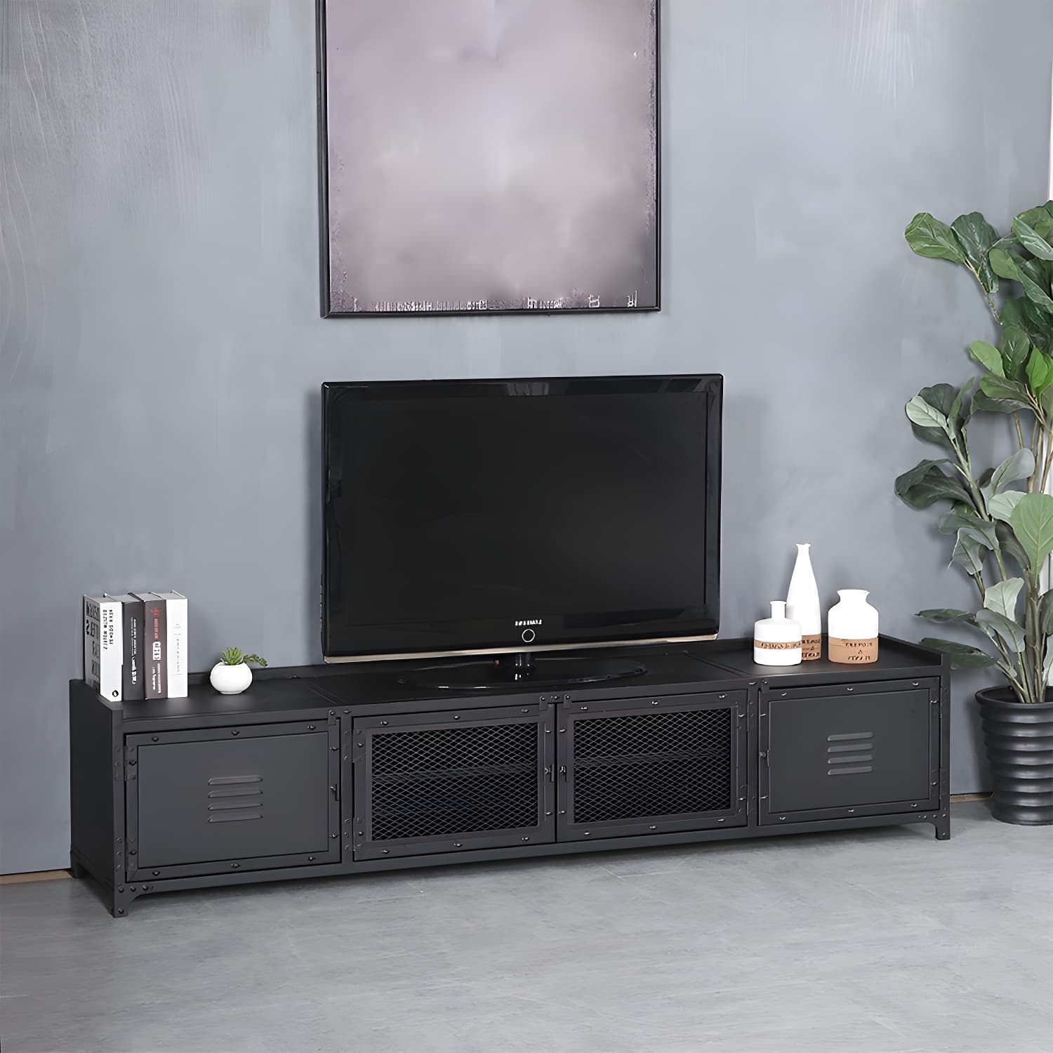 Industrial Style Metal TV Stand Black Colour Enclosed Storage TV Console with Cabinet - image 4