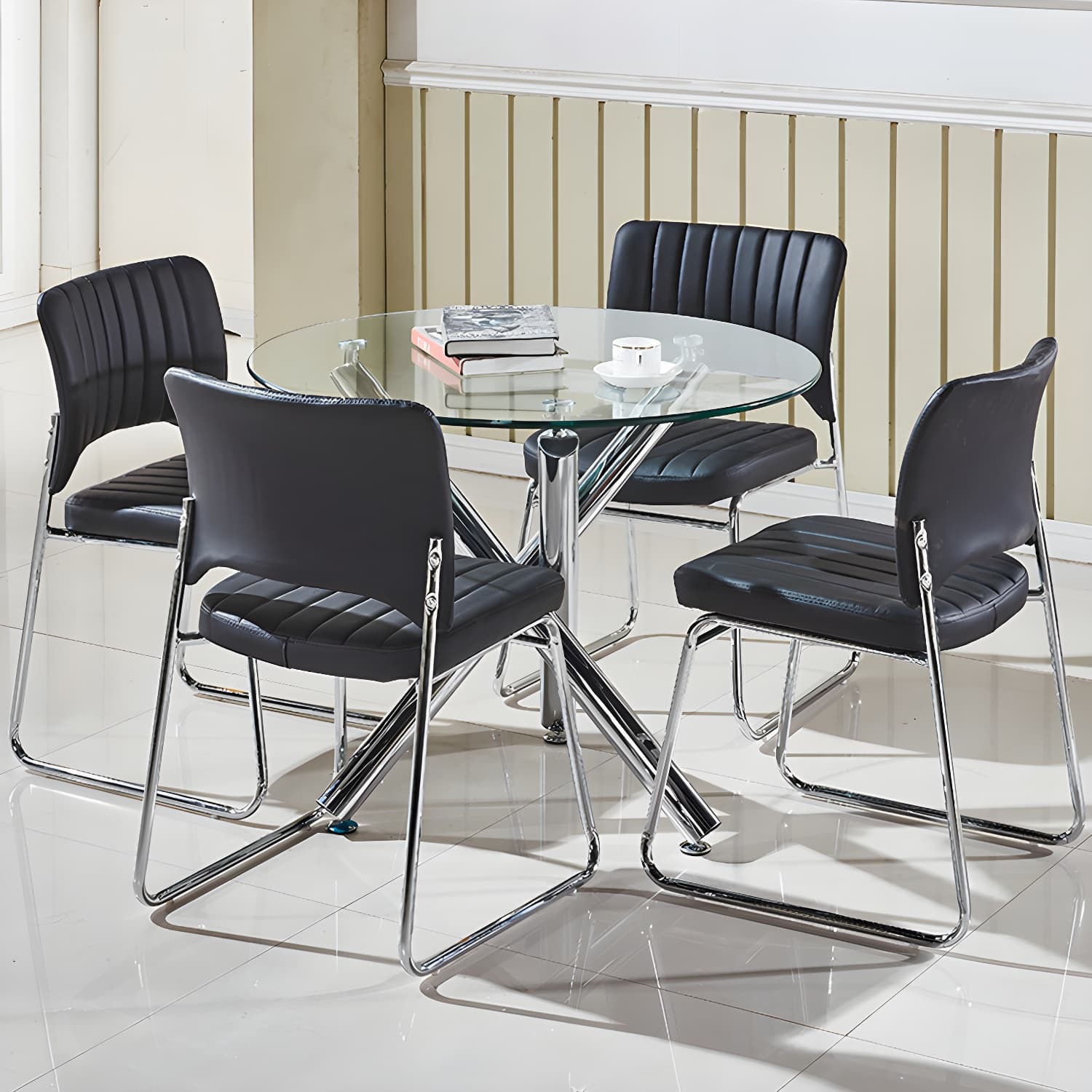 Modern Glass Round Dining Set with Three-Leg Metal Base - Clear, 36-inch Table - image 4