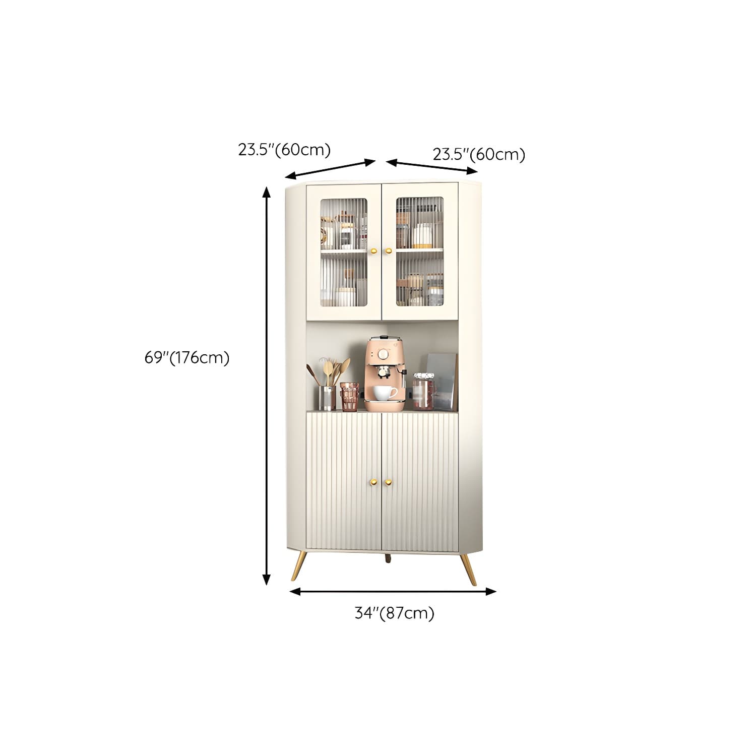 Modern Corner Accent Cabinet with White Wood Countertop, Glass Doors, and Gold Metal Base - image 12