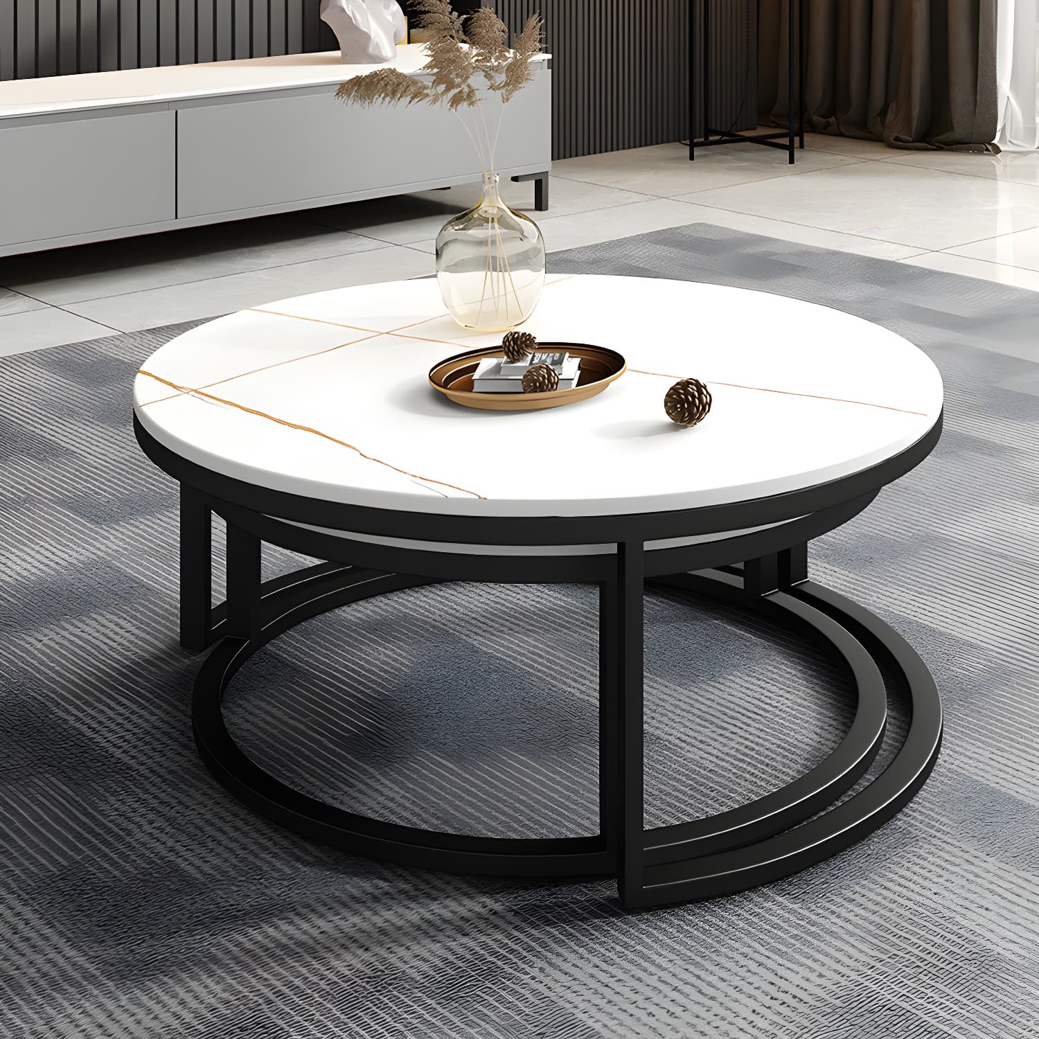 Modern Black Nesting Coffee Tables, 2 Set, Round Stone Top, Steel Frame with Storage - image 7