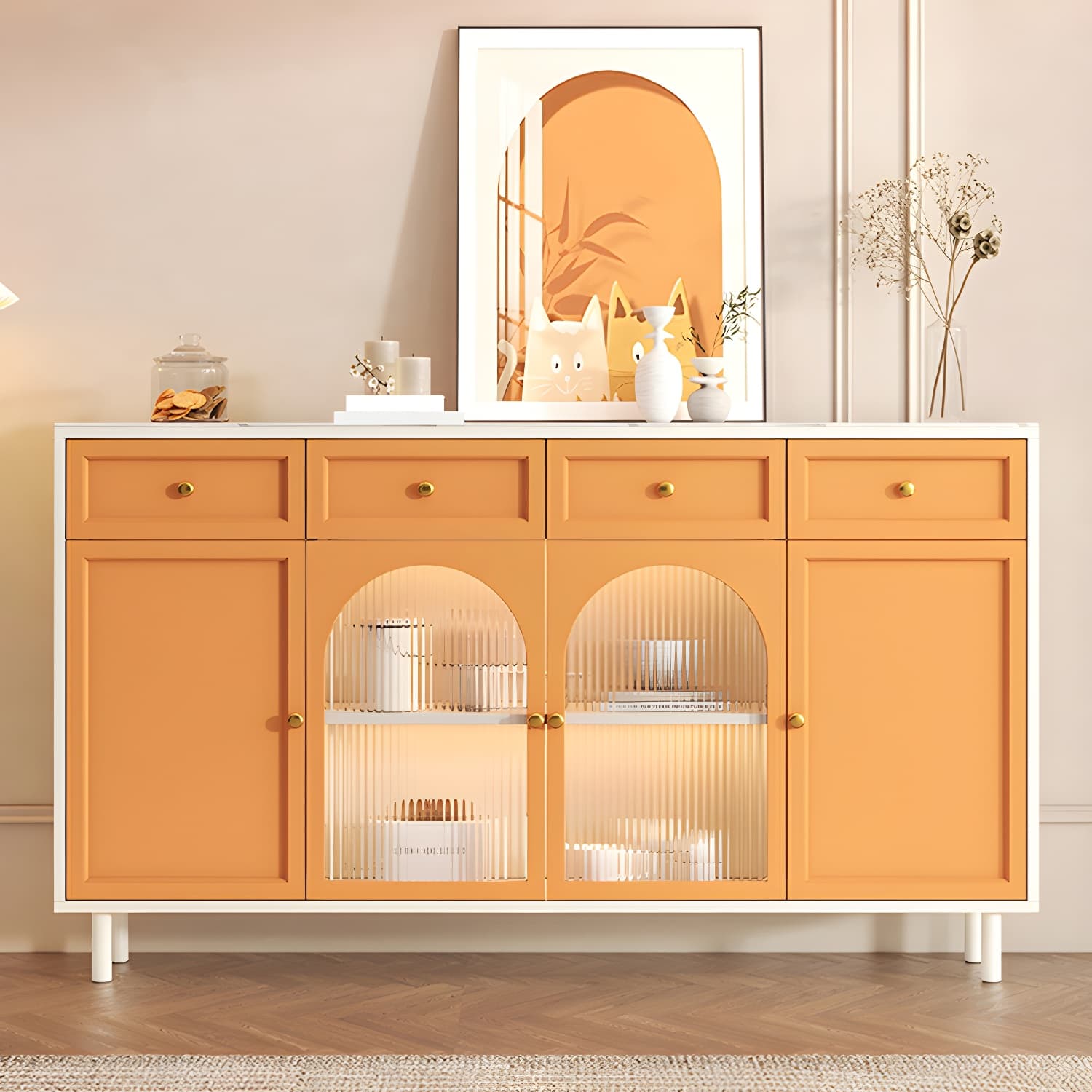 Scandinavian Wood Sideboard with Stone Countertop and Glass Doors - image 5