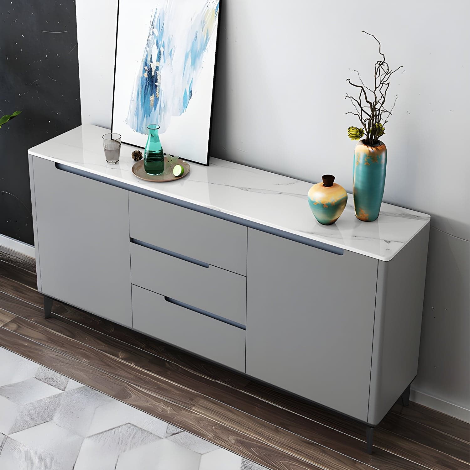 Modern Antique Finish Credenza 3 Drawer Sintered Stone Sideboard Cabinet - image 5