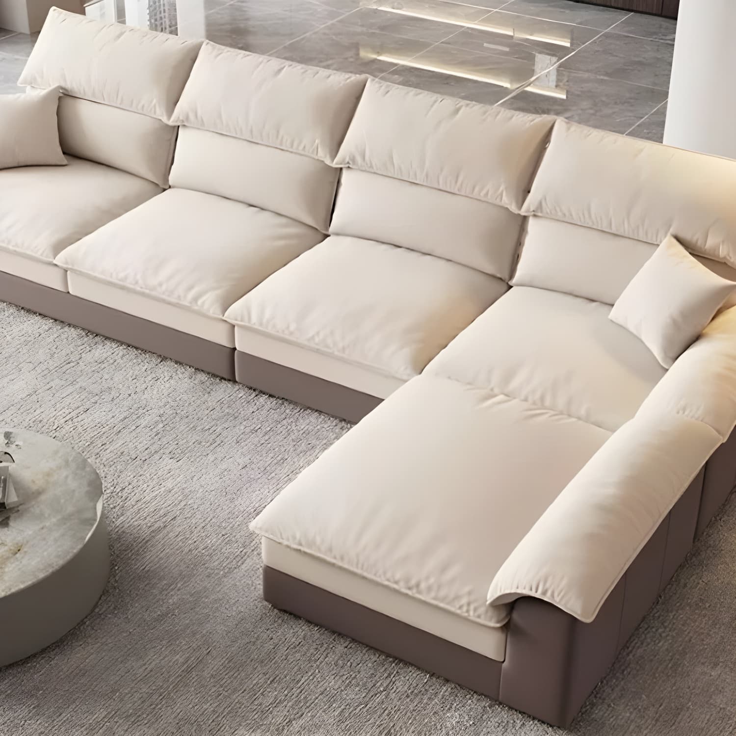 Beige ModernWood Sectional with Pillow Top Arm and Cushion Back - image 9