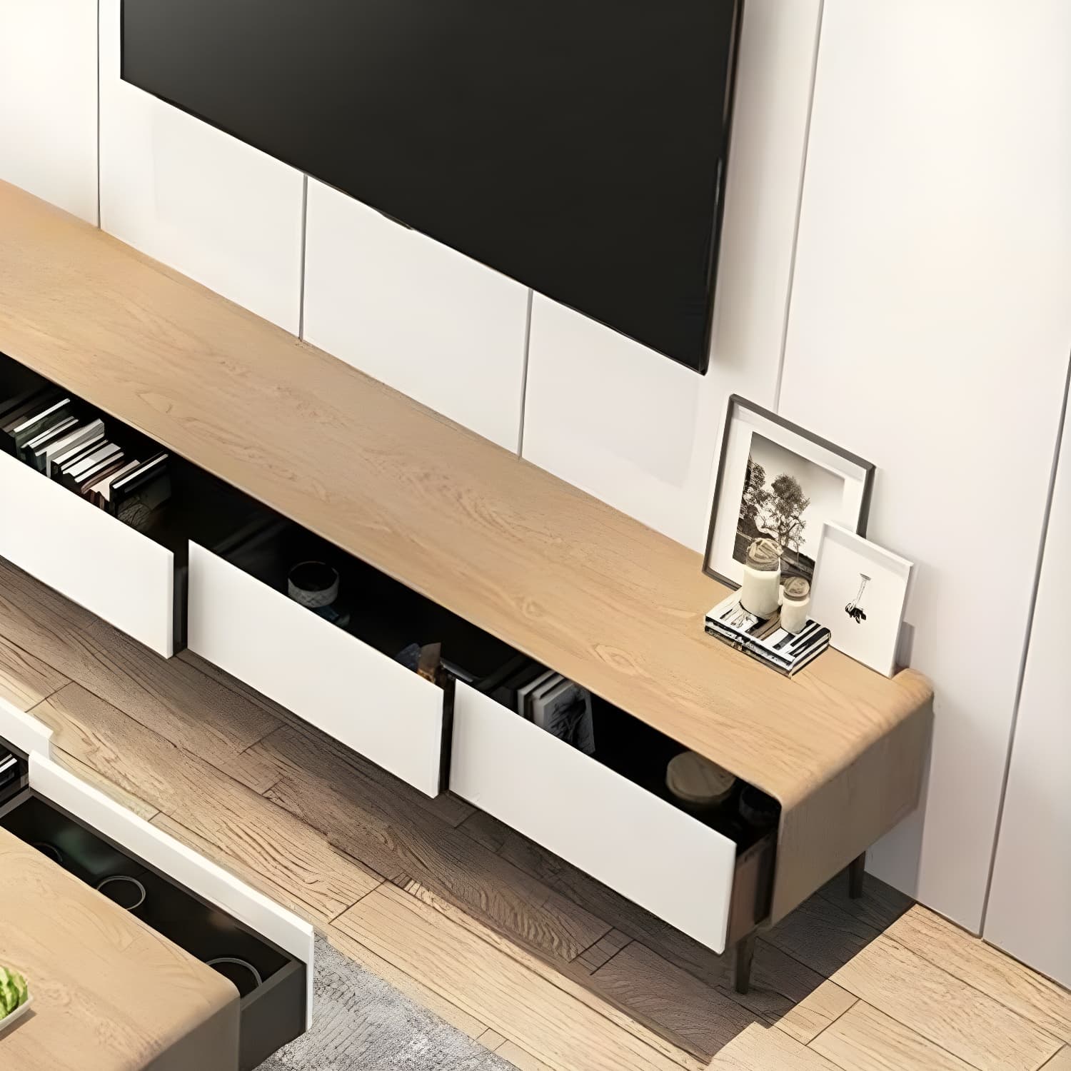 Modern Wooden Long and Low TV Stand with 4 Drawers, No Assembly Required, Dark Tone - image 18