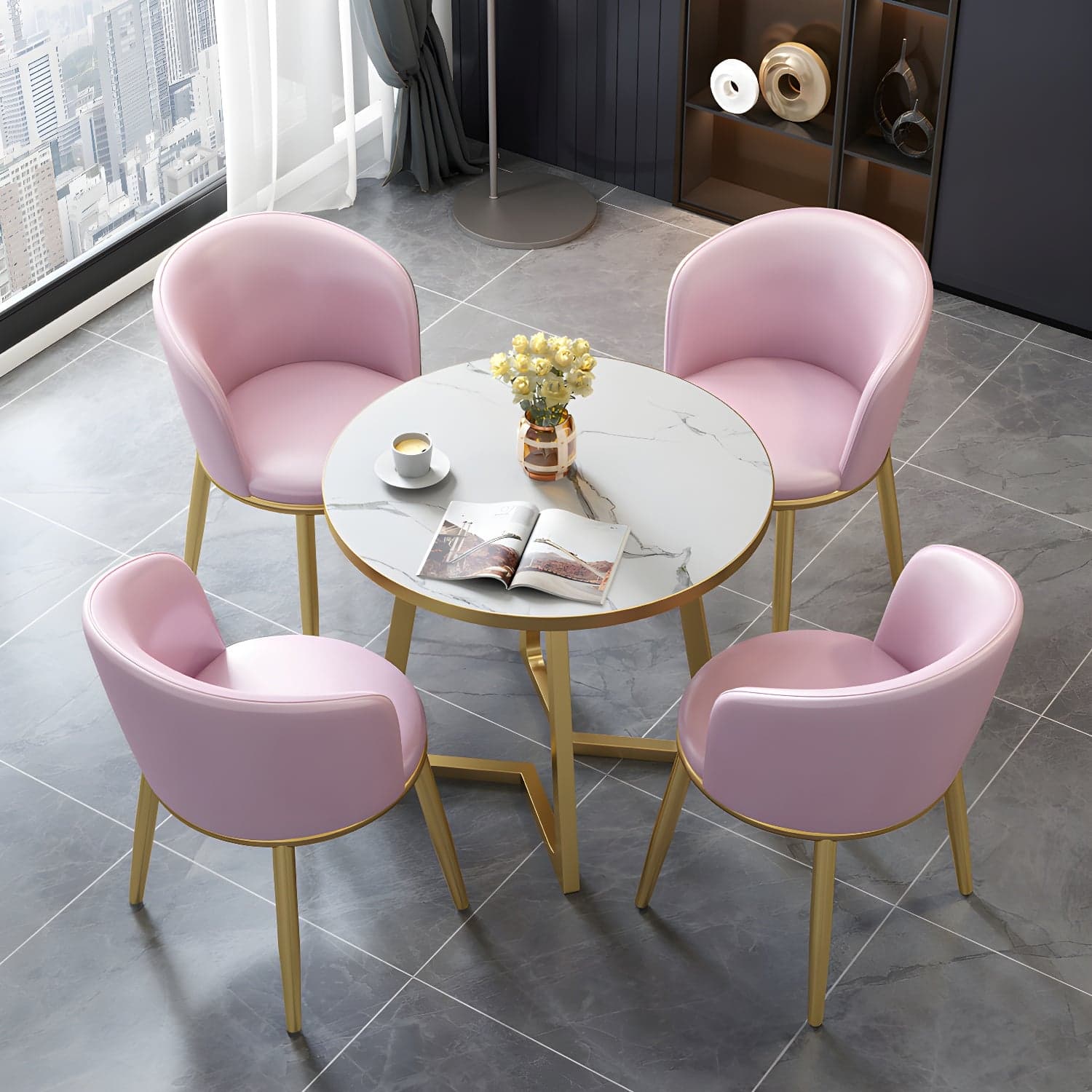 5 Piece Round Shape Wood Top Dining Room Chair and Table Set - image 10