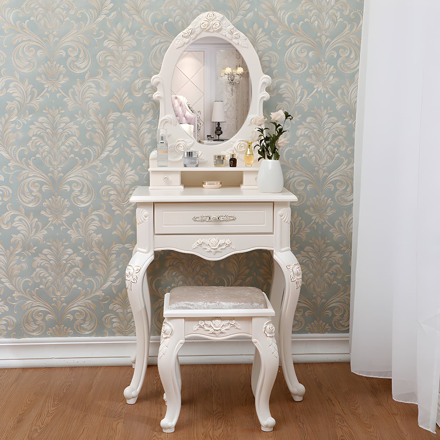 Victorian Bedroom With Drawer Mirror Solid Wood Makeup Vanity Set - image 4