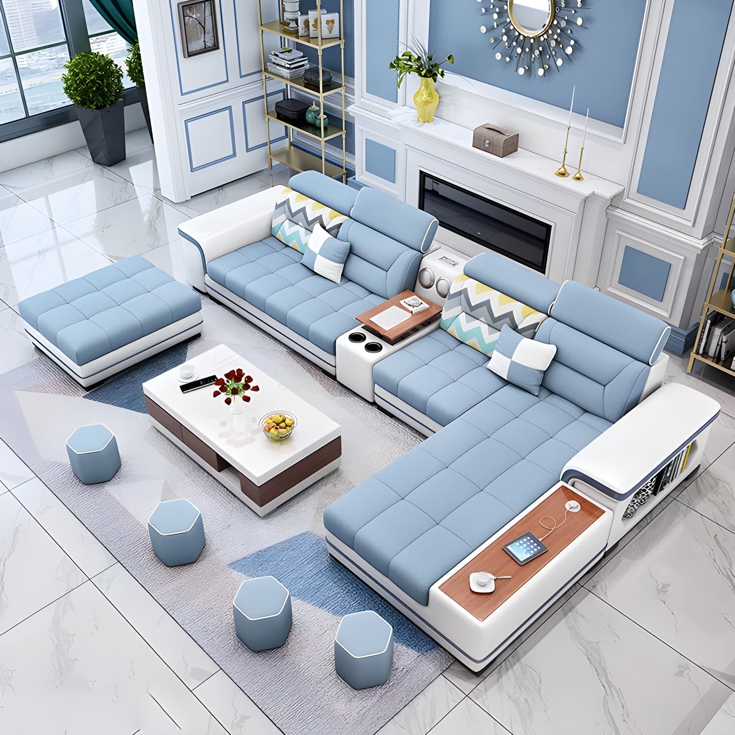 Scandinavian Blue Sectional Sofa with Wood Frame, Cushion Back, and Storage Included with Shelves - image 3
