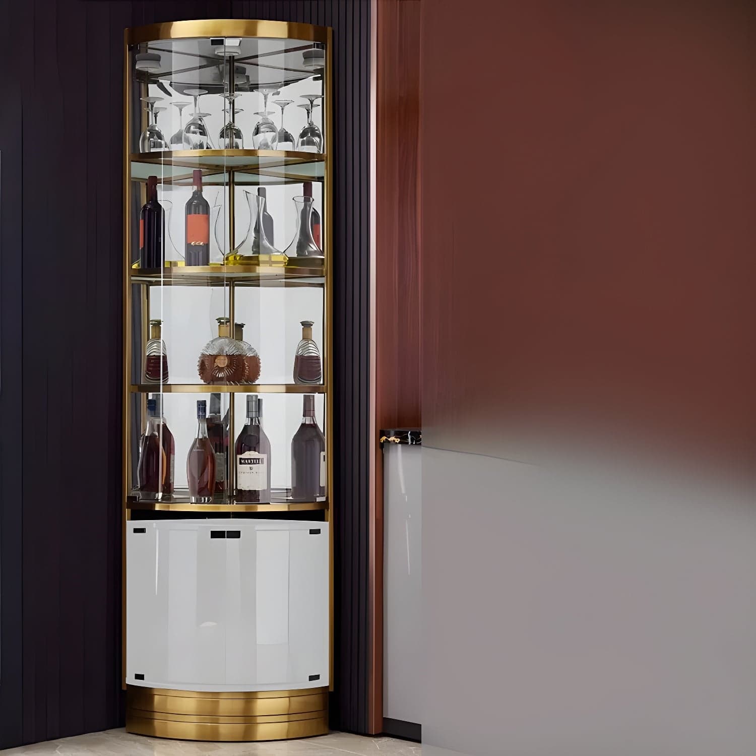 Corner Modern Accent Cabinet with Wood Counter Top, Glass Doors, and Metal Base - image 8