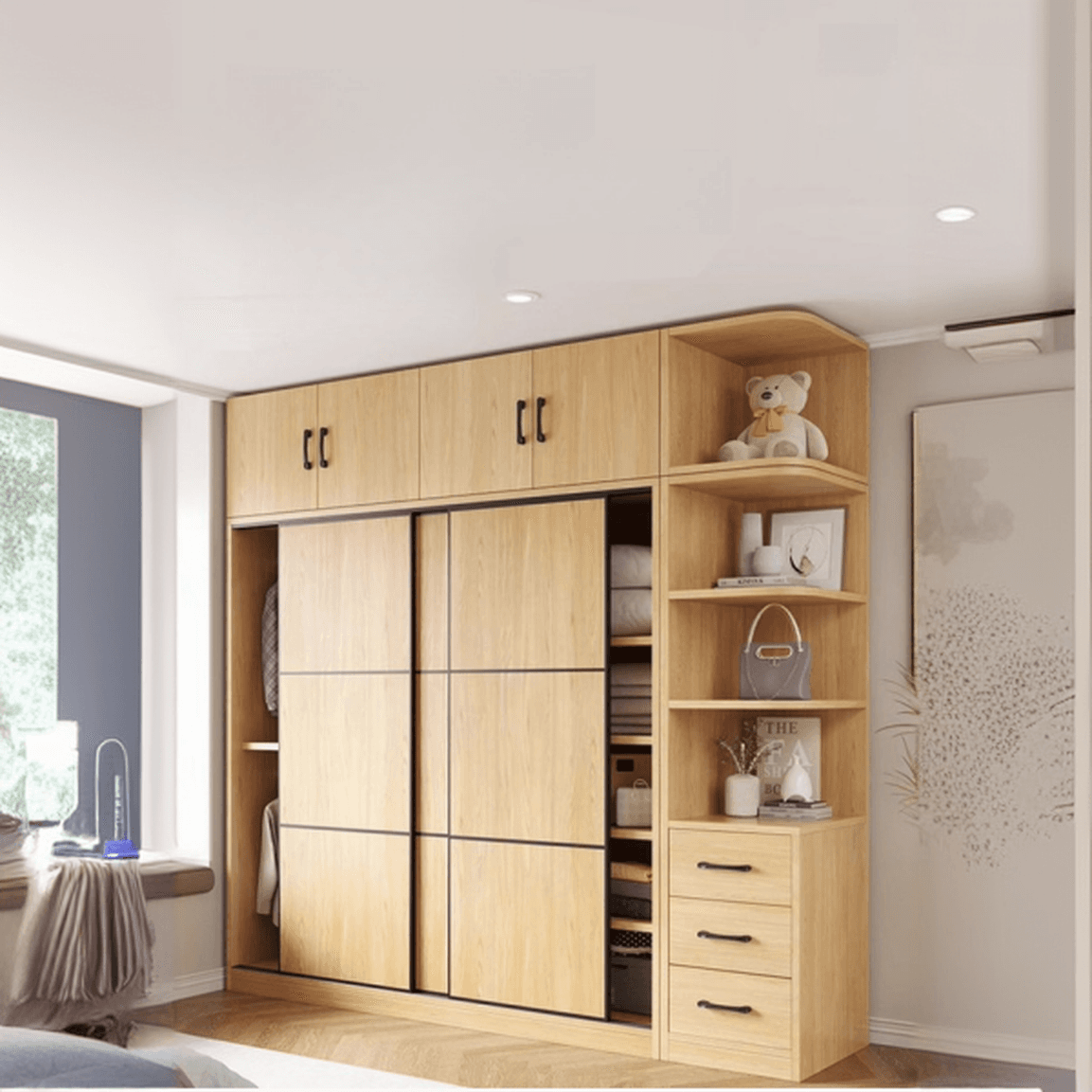 Natural Finish Modern Timber Self-supporting Wardrobe with Soft Close Drawer, Soft Close Door, and Clothing Rod