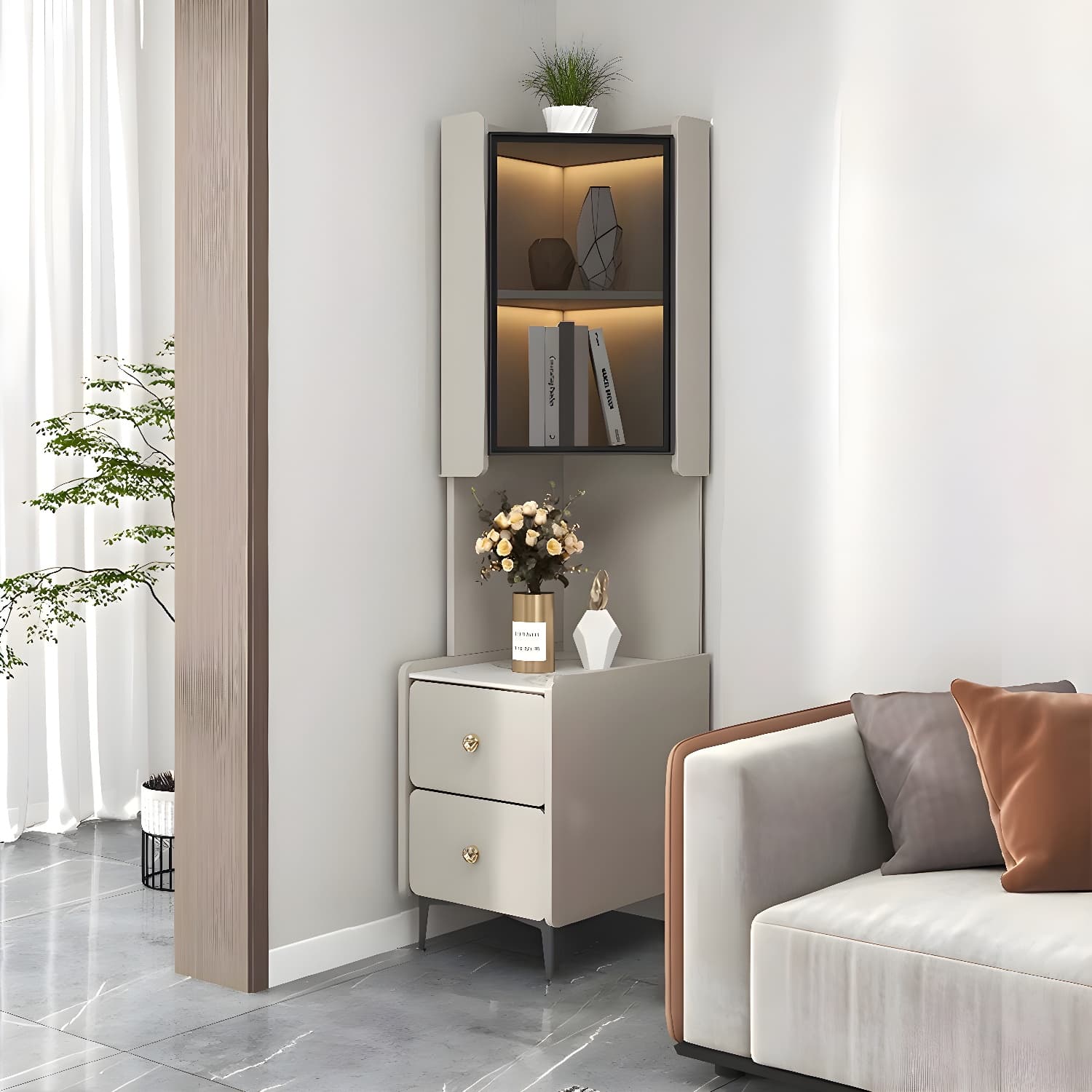Elegant Corner Accent Cabinet with Glass Doors and Black Metal Base