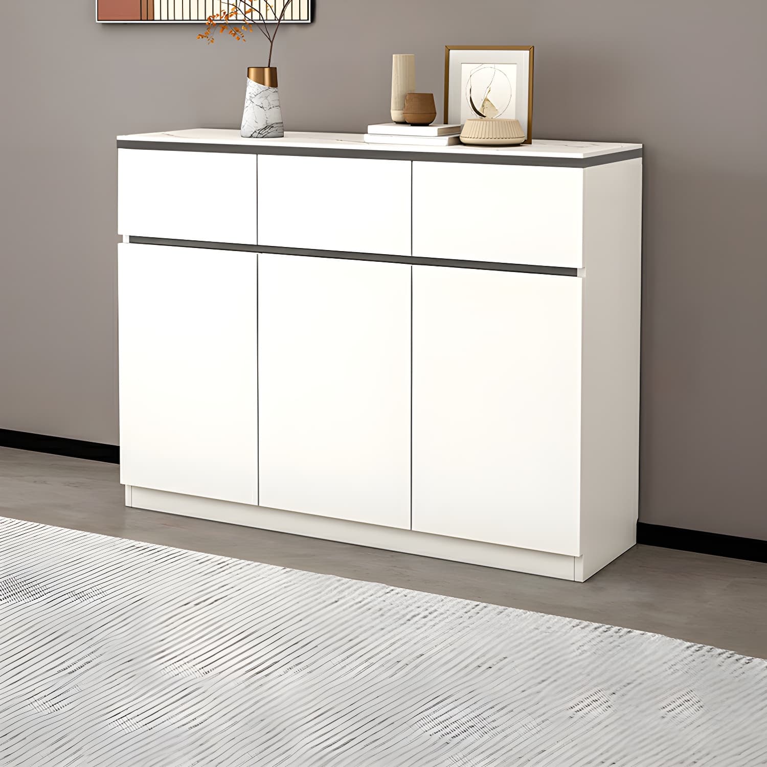 Modern Wood Sideboard Credenza with Drawers and Cabinets - Stone Countertop