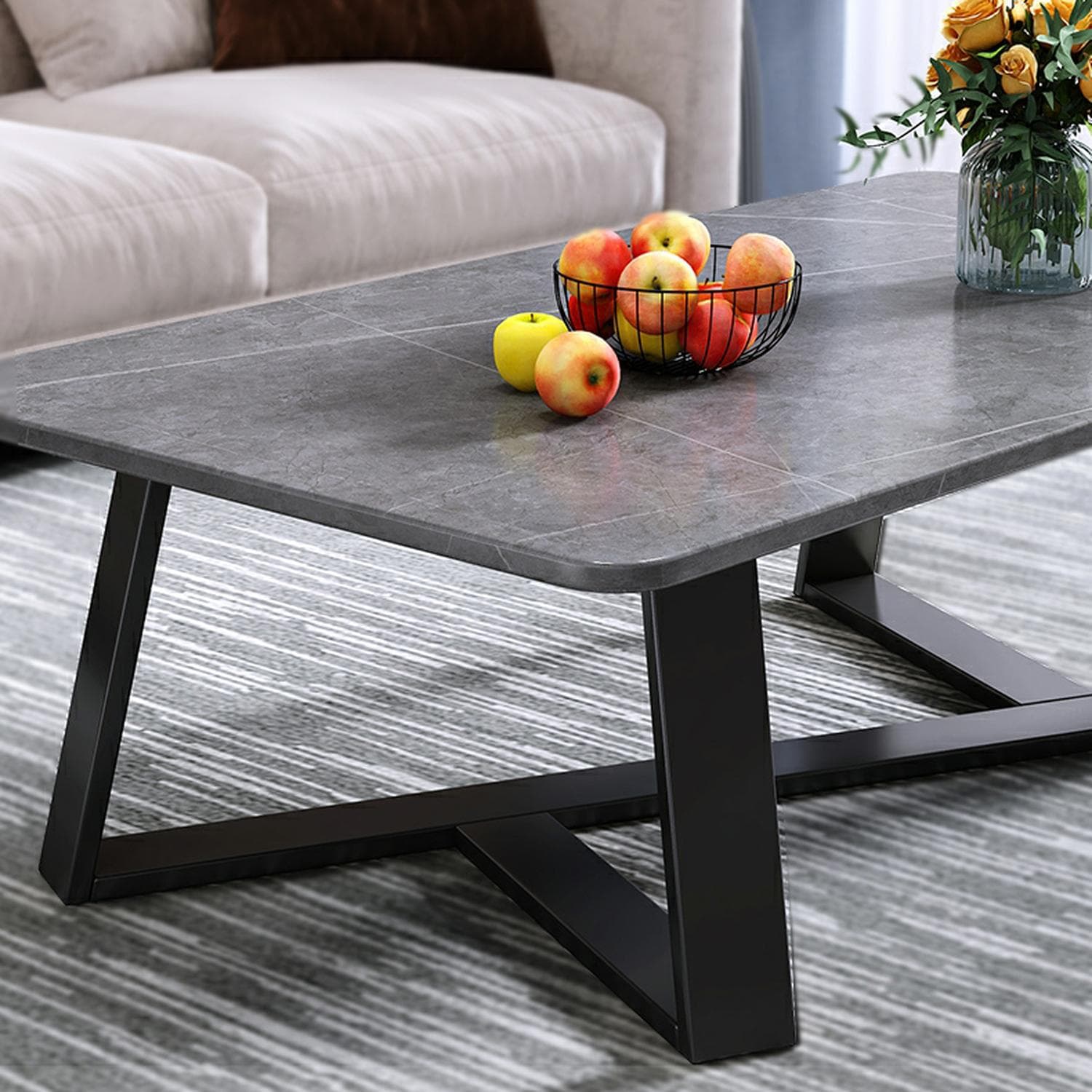 Black Iron Base Stone Top Modern Coffee Table with Cross Legs - image 10