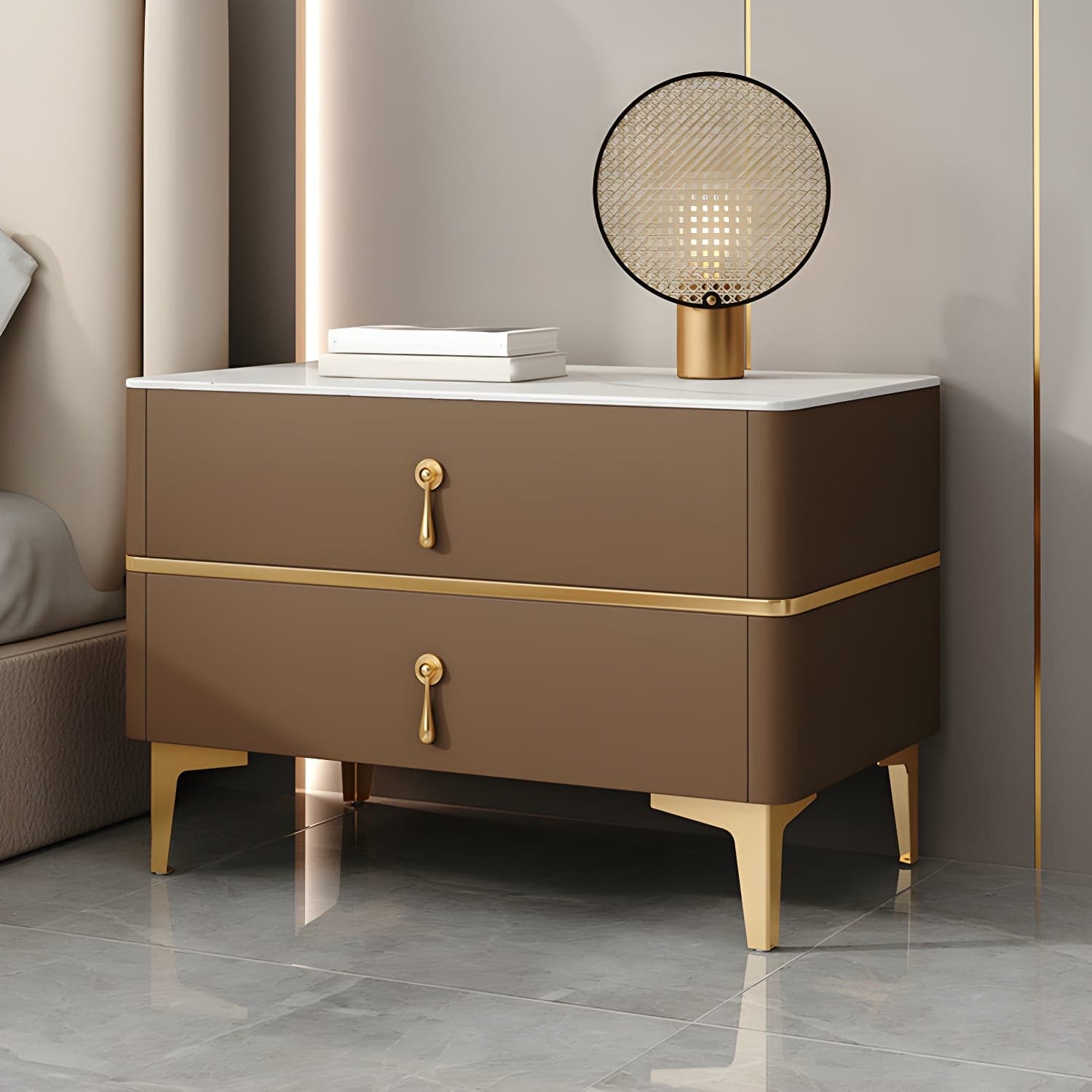 Glam Style Sintered Stone Top 2- Drawer Nightstand with Legs for Bedroom - image 5