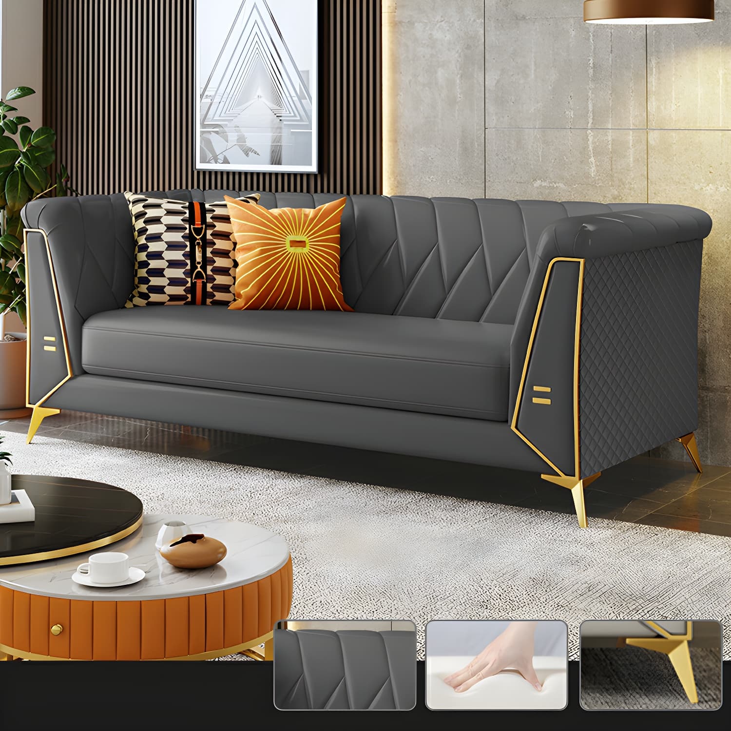 Glam Faux Leather Standard Sofa with Tuxedo Arms in Solid Color