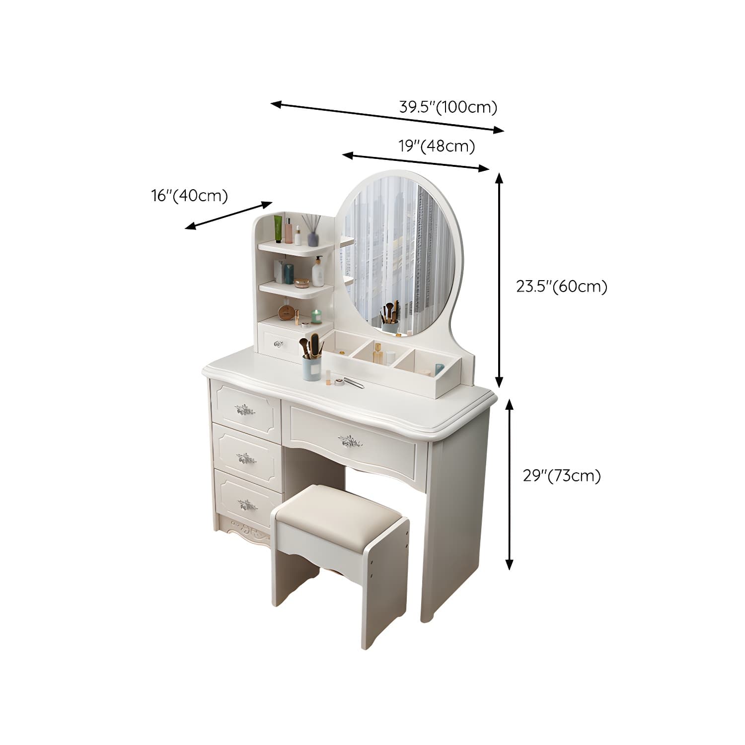 Modern White Wood Makeup Vanity with Seating & Standing Mirror - image 14