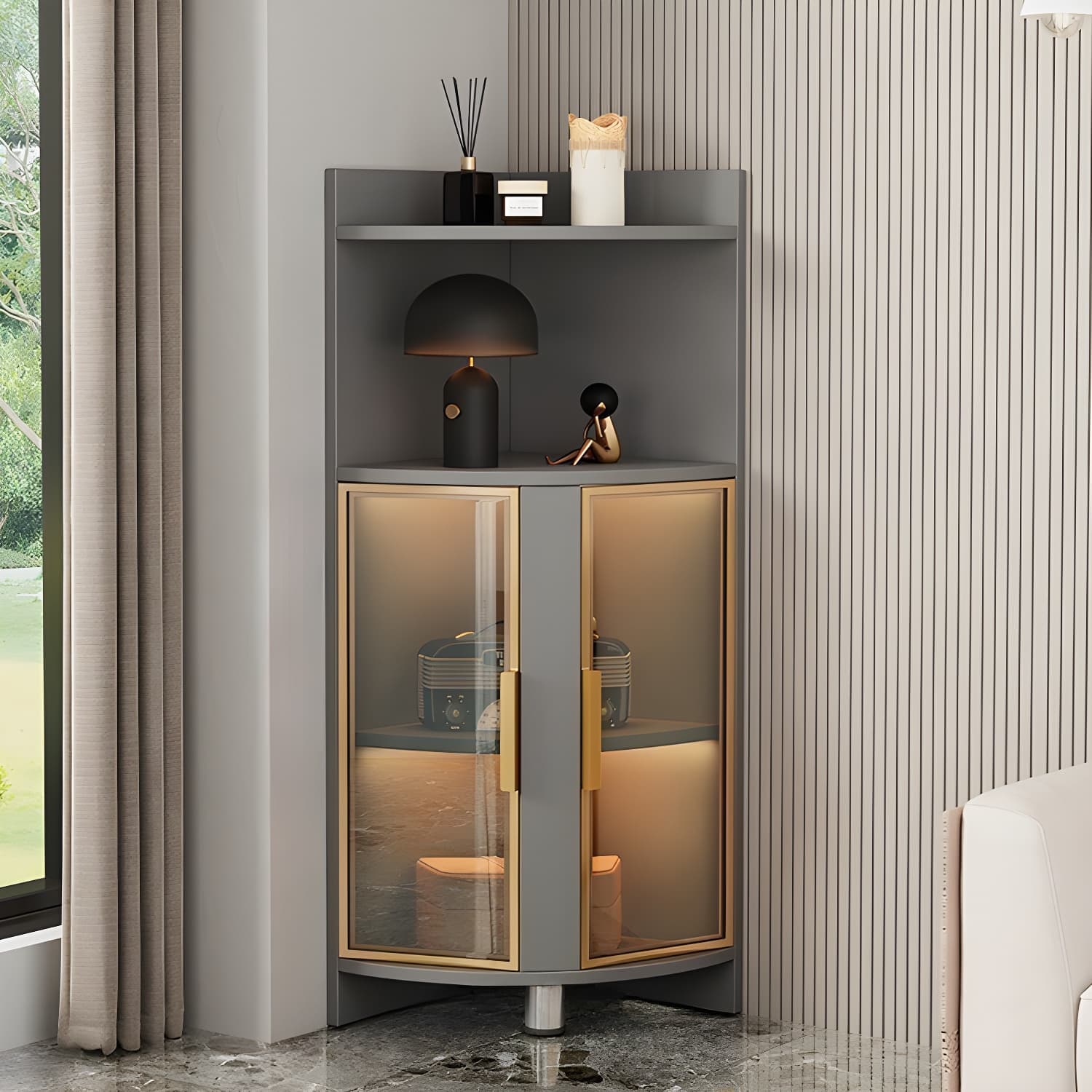 Modern Corner Accent Cabinet with Glass Doors and 2 Interior Shelves
