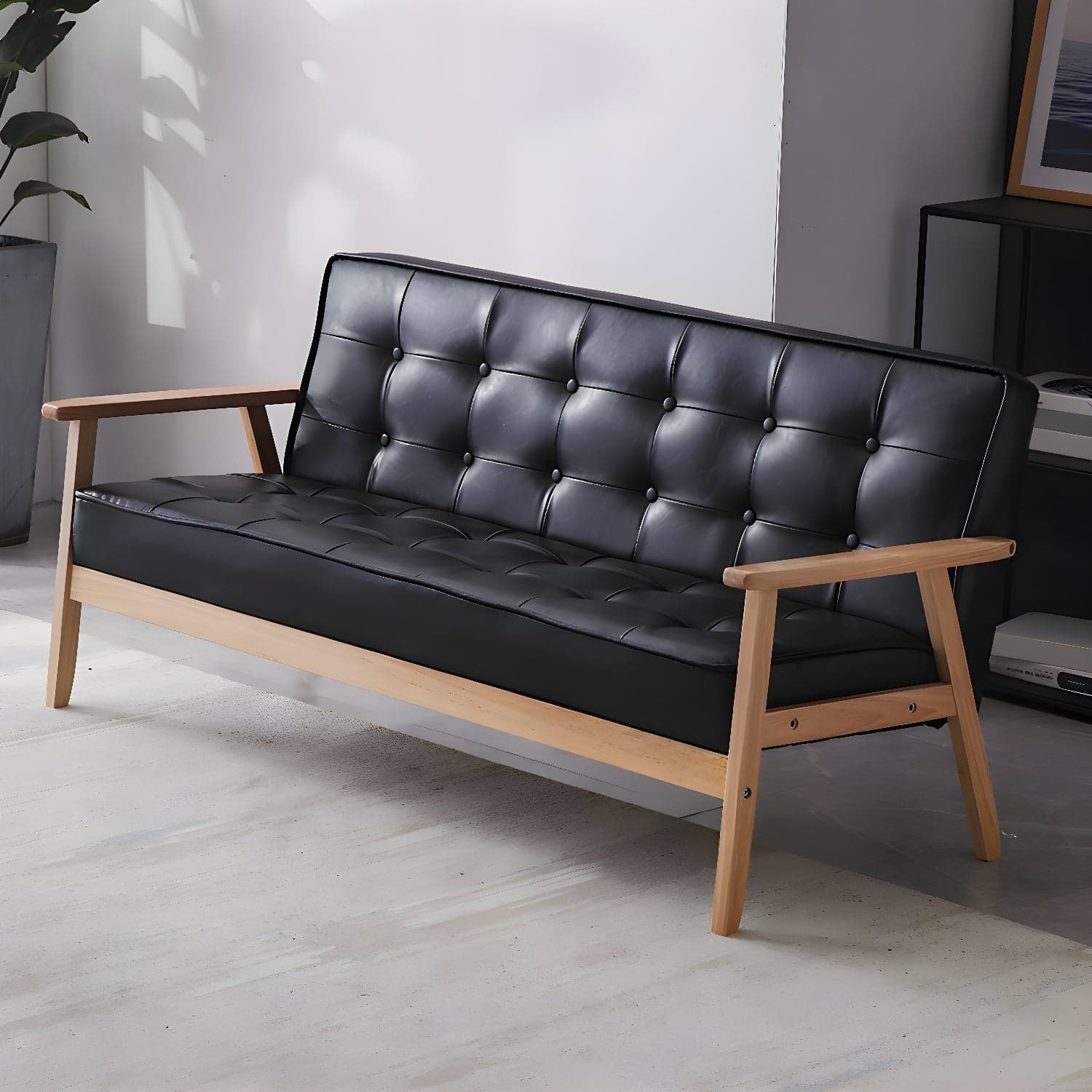 Mid-Century Modern Pine Wood Sofa with Tufted Back and Single Cushion Design