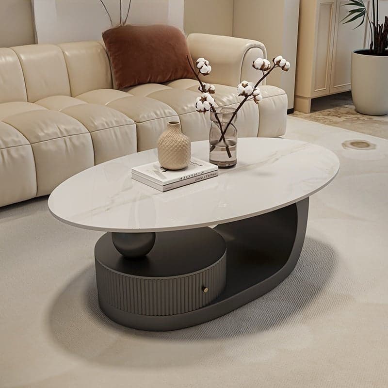 Modern Oval Stone Top Coffee Table, Abstract Iron Base, Scratch Resistant - image 3