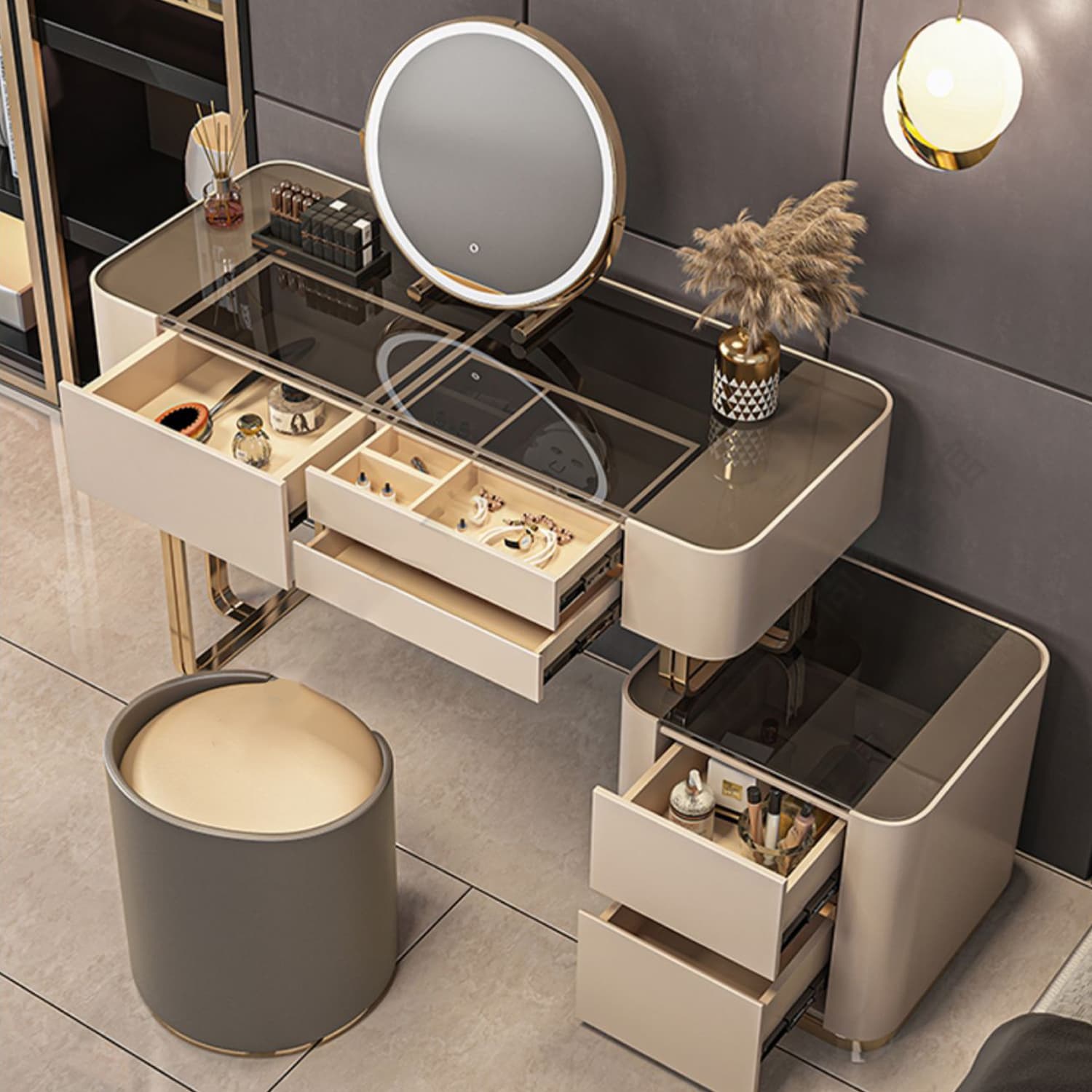 Luxurious Wood and Metal Make-up Vanity 5 Drawers & Lighted Mirror Dressing Table - image 4
