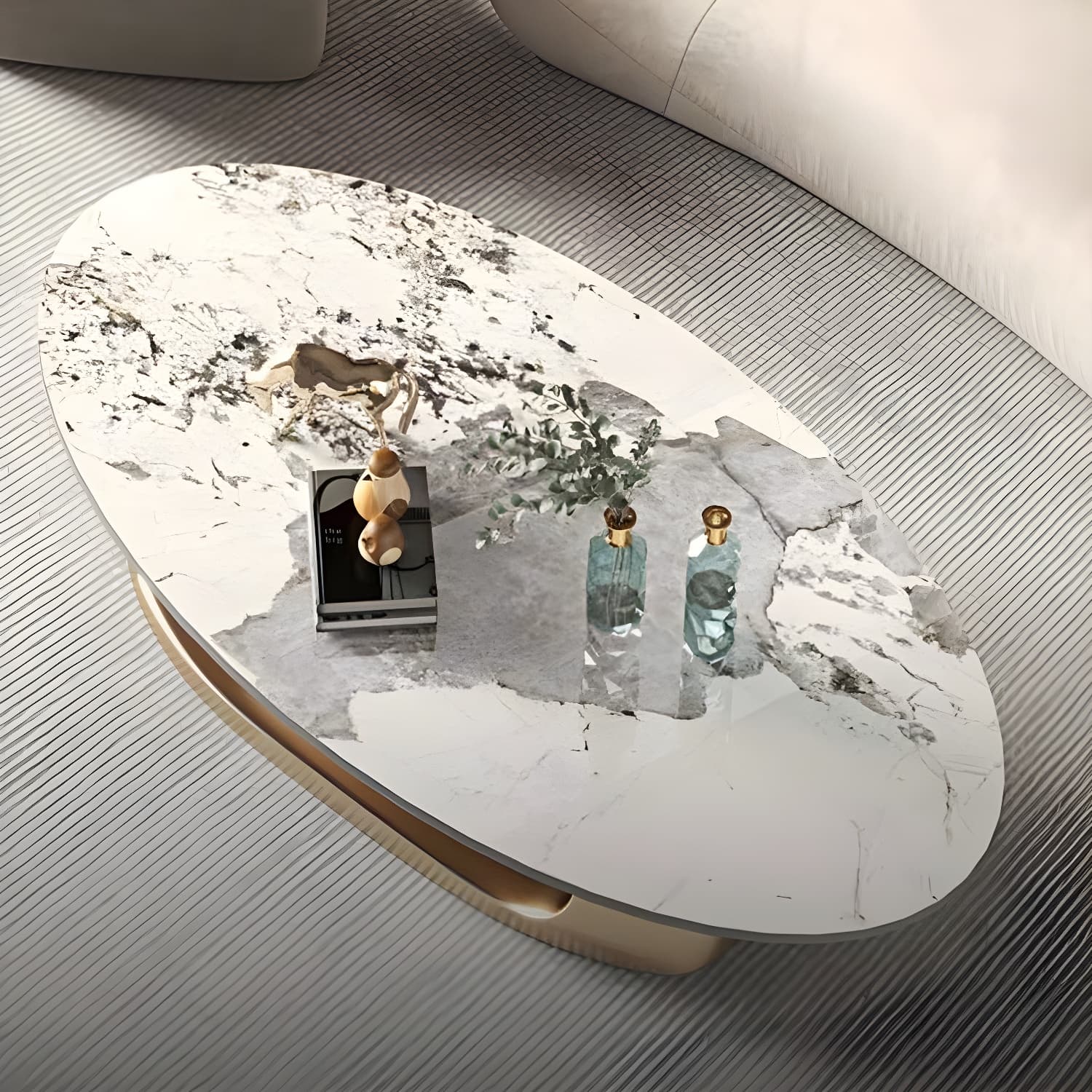 Glam Stone Coffee Table - Beige Oval Shape with Abstract Stainless Steel Base and Scratch Resistant - image 6