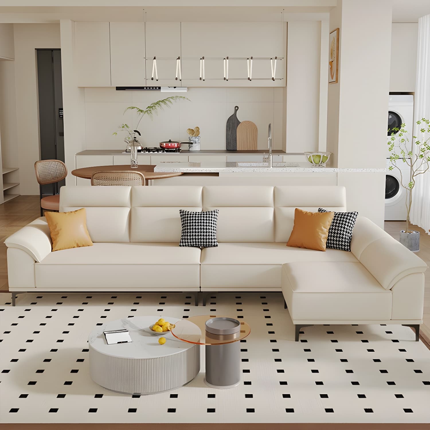 Modern Beige Faux Leather Sofa with Ottoman Included - Pillow Top Arm and Cushion Back