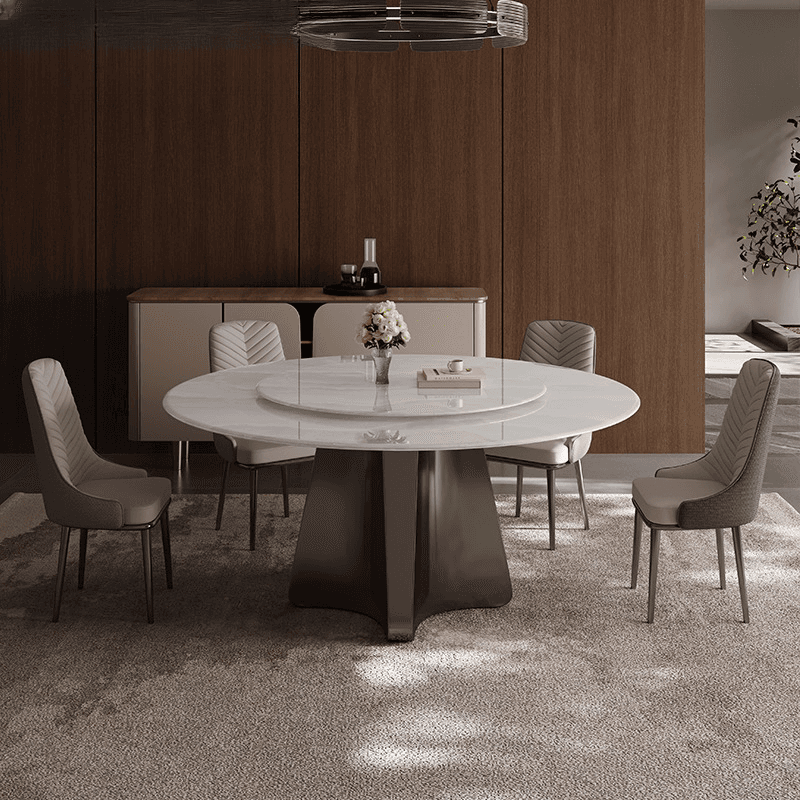 Minimalist Dining Table Set with Rounded Shape and Stump Base, Padded Chair with Back in White